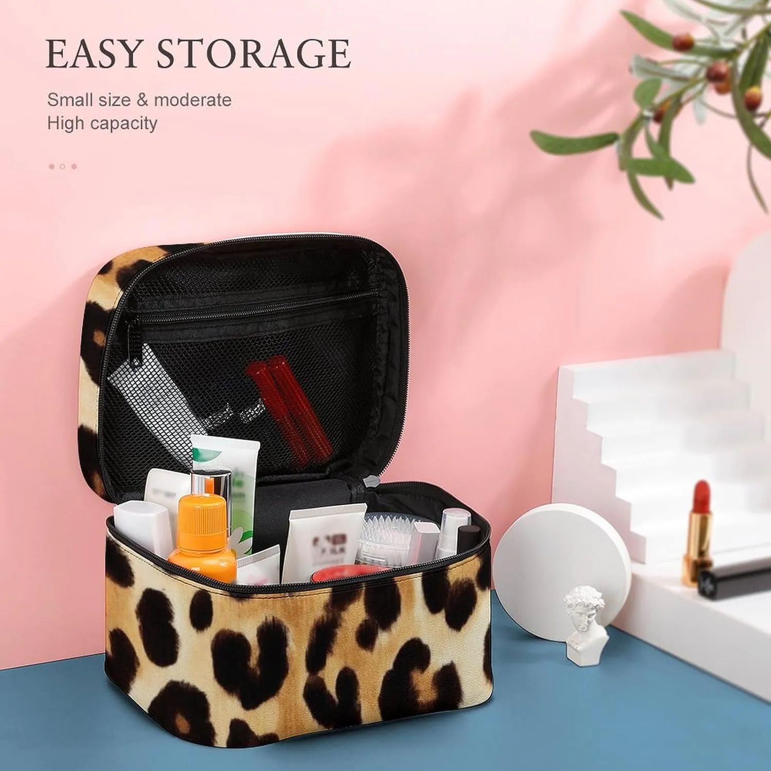 Womens Travel Makeup Bag, Waterproof Cosmetic Organizer Case Wild Animal Leopard Print Toiletry Storage Bag with Zipper Mesh Pouch