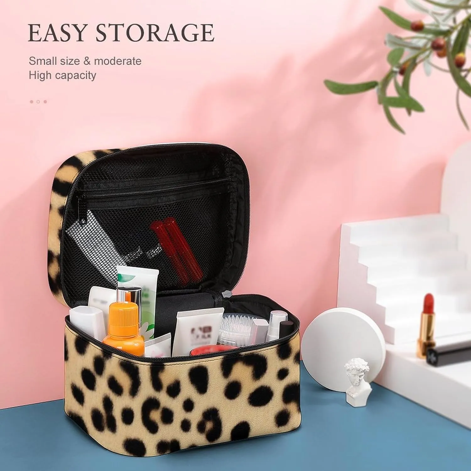 Womens Travel Makeup Bag, Waterproof Cosmetic Organizer Case Wild Animal Leopard Print Toiletry Storage Bag with Zipper Mesh Pouch