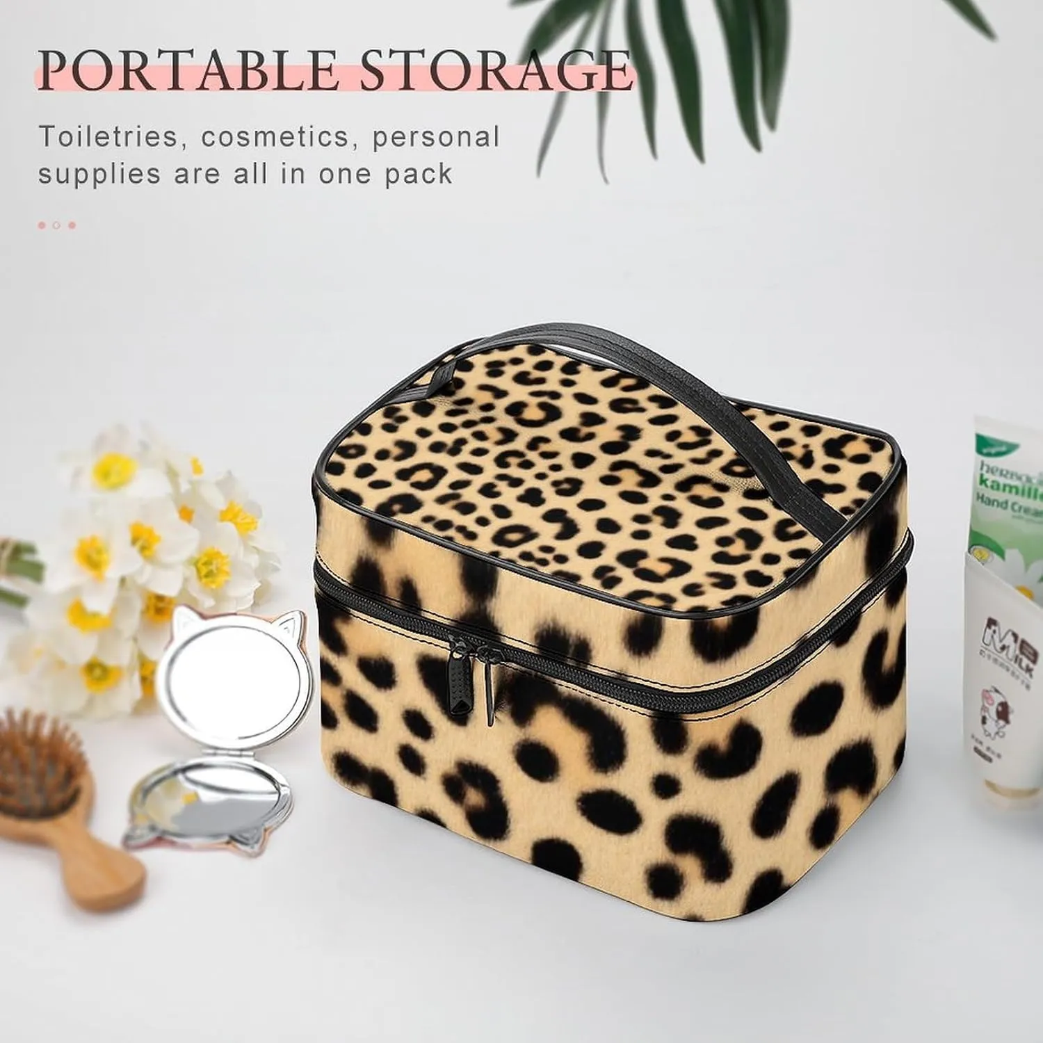 Womens Travel Makeup Bag, Waterproof Cosmetic Organizer Case Wild Animal Leopard Print Toiletry Storage Bag with Zipper Mesh Pouch