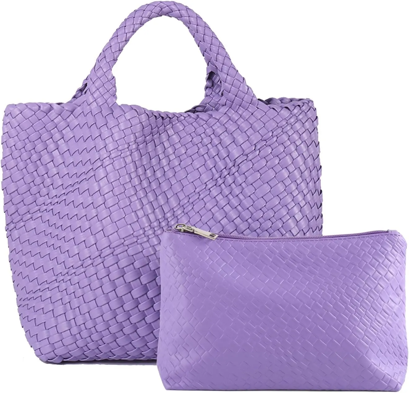 Women's Vegan Leather Tote Bag – Handmade Woven Beach Bag, Travel Handbag with Purse & Top Handle Hobo Tote