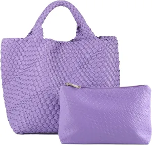 Women's Vegan Leather Tote Bag – Handmade Woven Beach Bag, Travel Handbag with Purse & Top Handle Hobo Tote