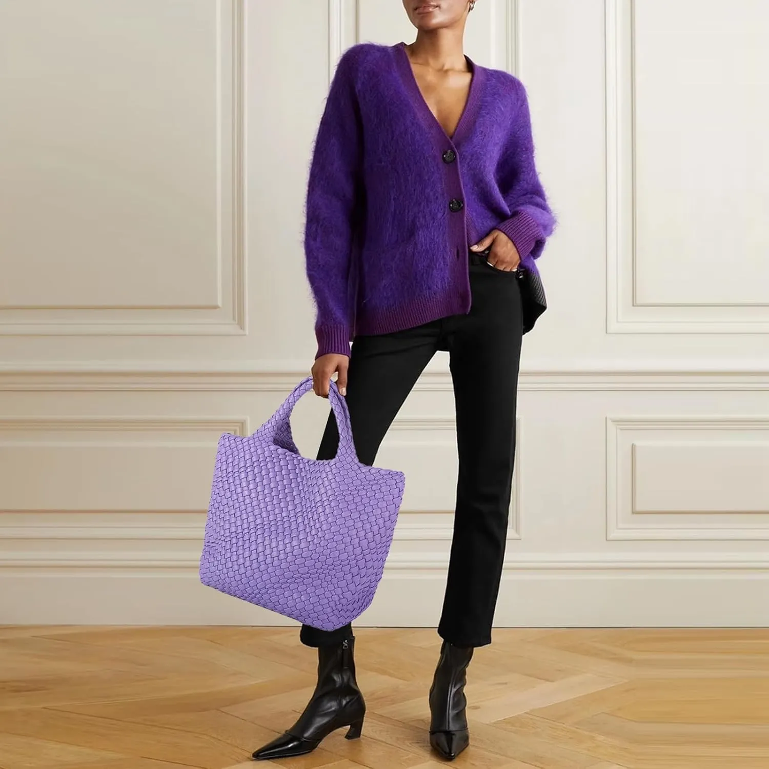 Women's Vegan Leather Tote Bag – Handmade Woven Beach Bag, Travel Handbag with Purse & Top Handle Hobo Tote