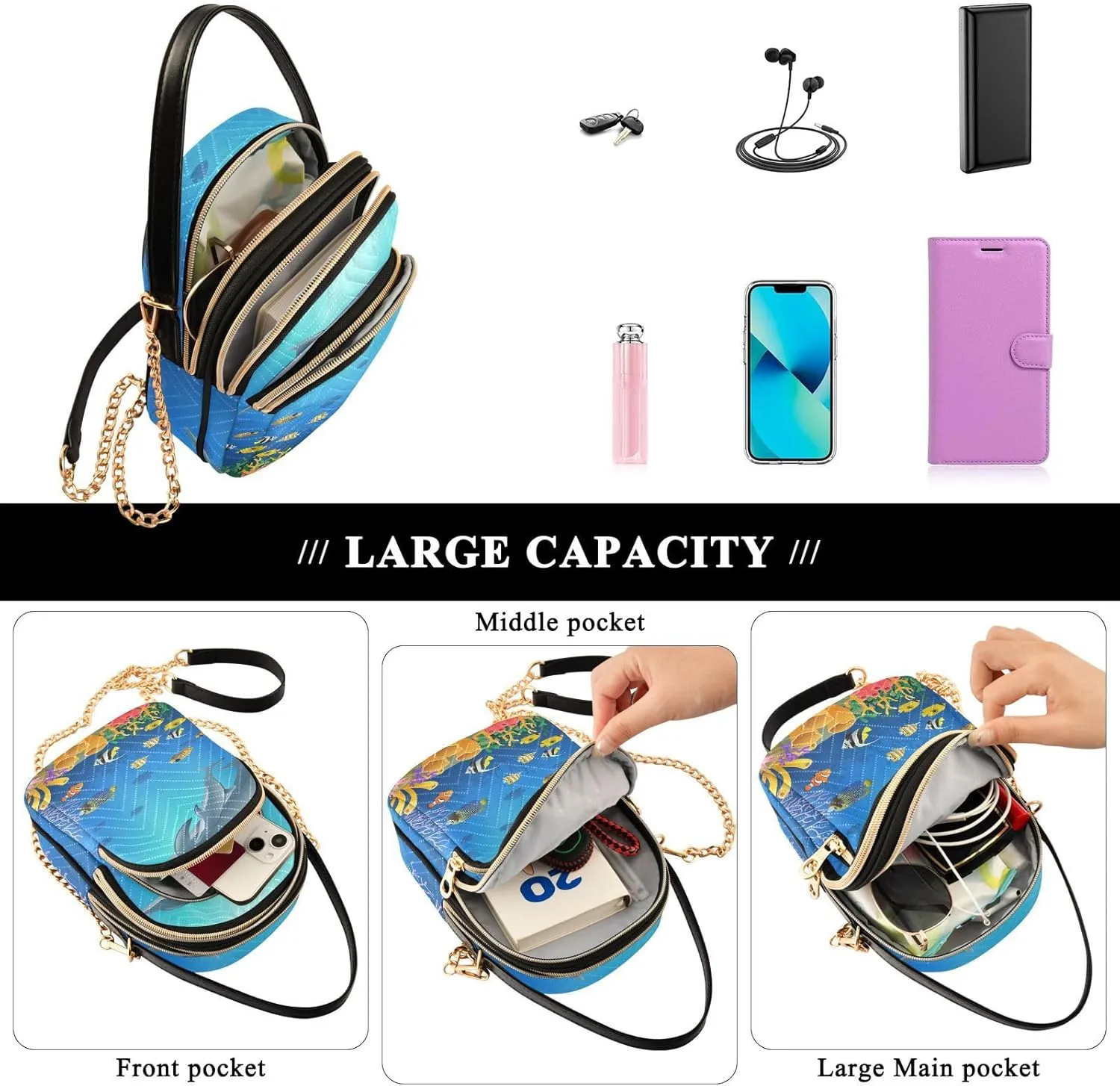 Women's Wave Cross Body Chest Bag, 52 inch Gold Chain Shoulder Handbag Purse