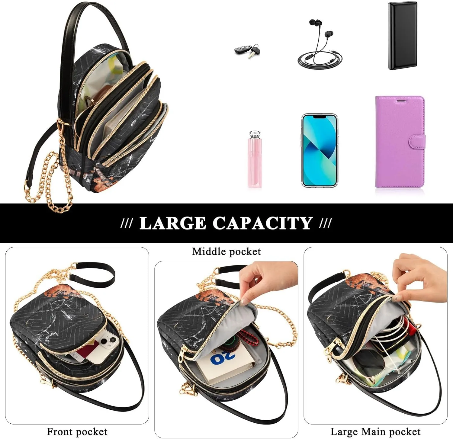 Women's Wave Cross Body Chest Bag, 52 inch Gold Chain Shoulder Handbag Purse