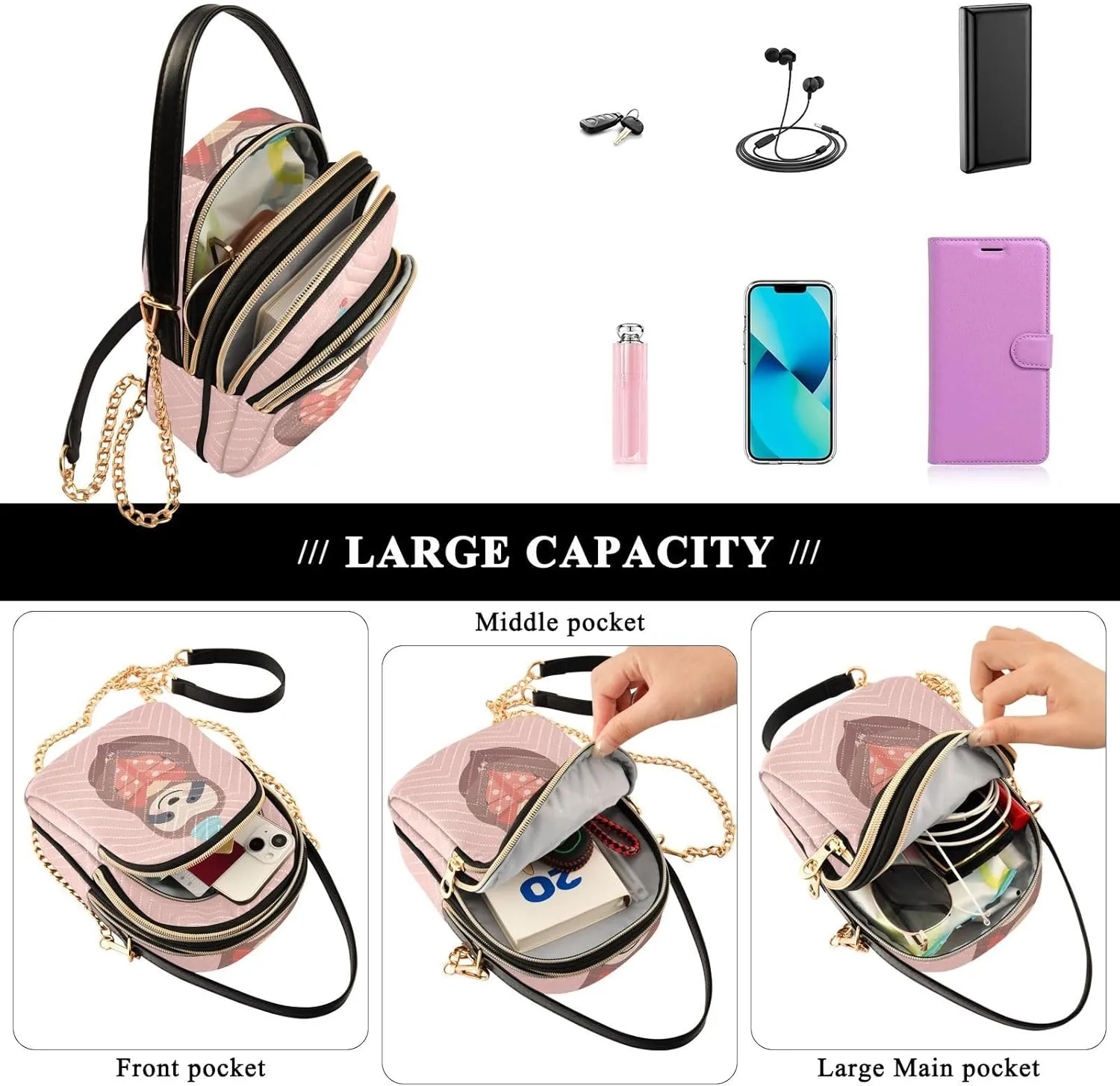 Women's Wave Cross Body Chest Bag, 52 inch Gold Chain Shoulder Handbag Purse