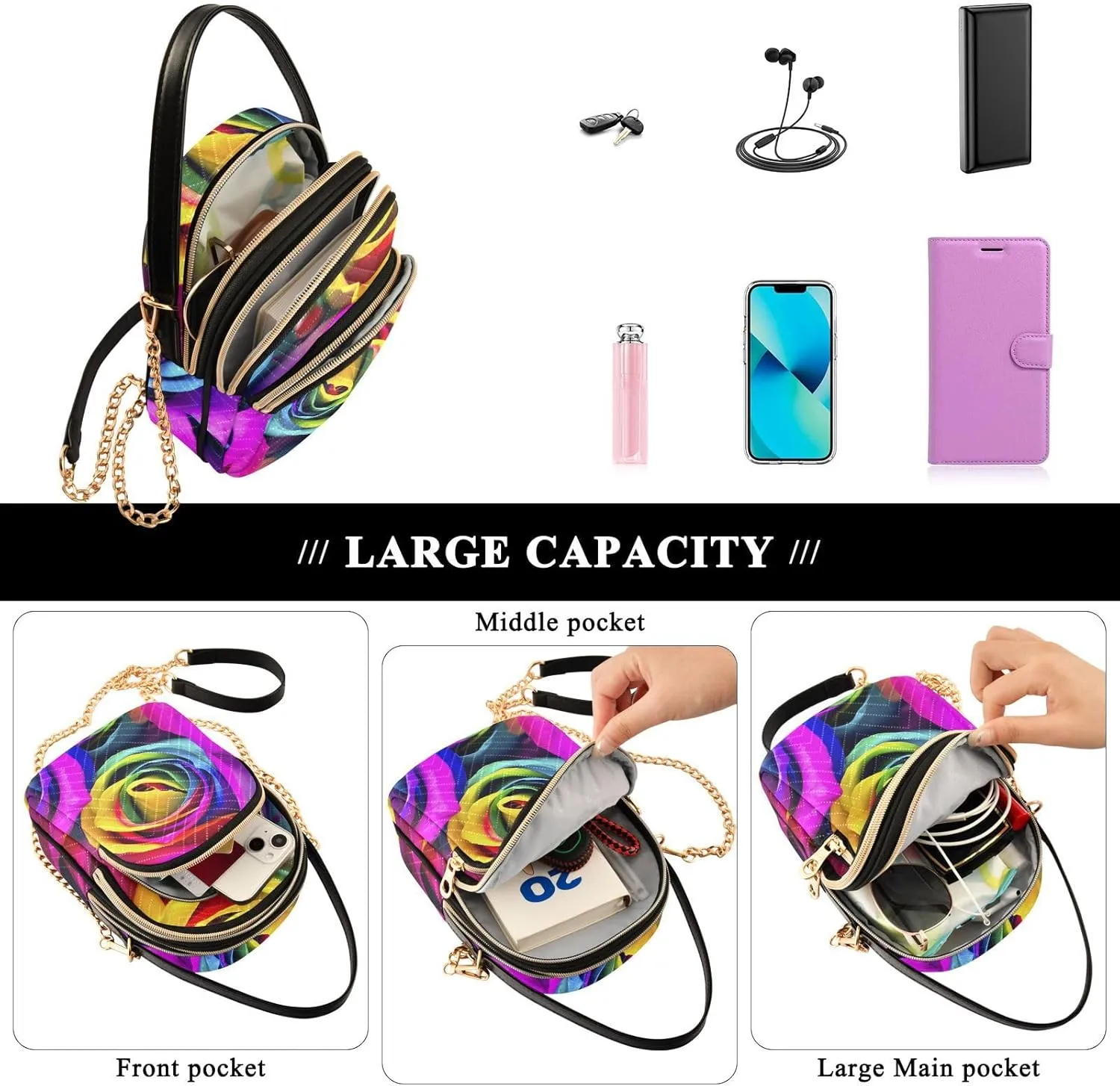 Women's Wave Cross Body Chest Bag, 52 inch Gold Chain Shoulder Handbag Purse