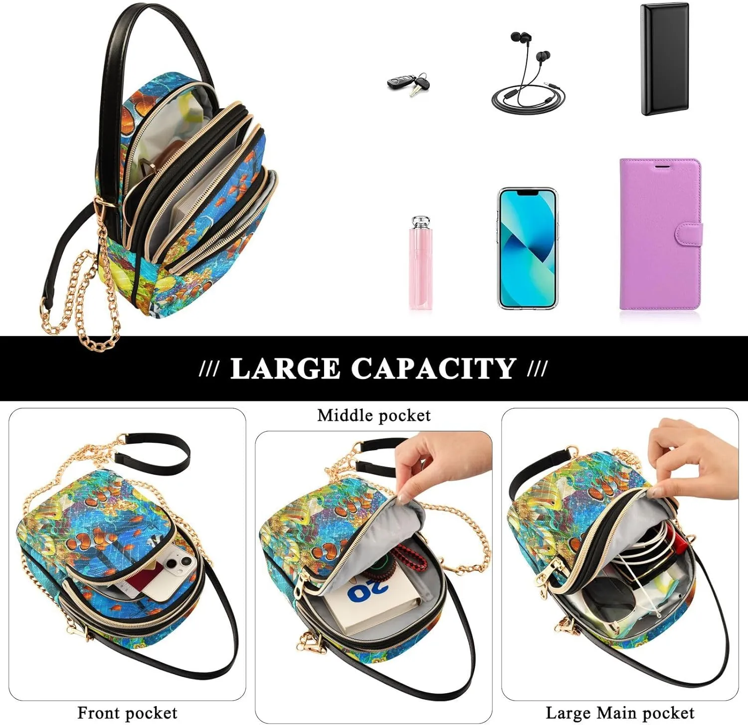 Women's Wave Cross Body Chest Bag, 52 inch Gold Chain Shoulder Handbag Purse