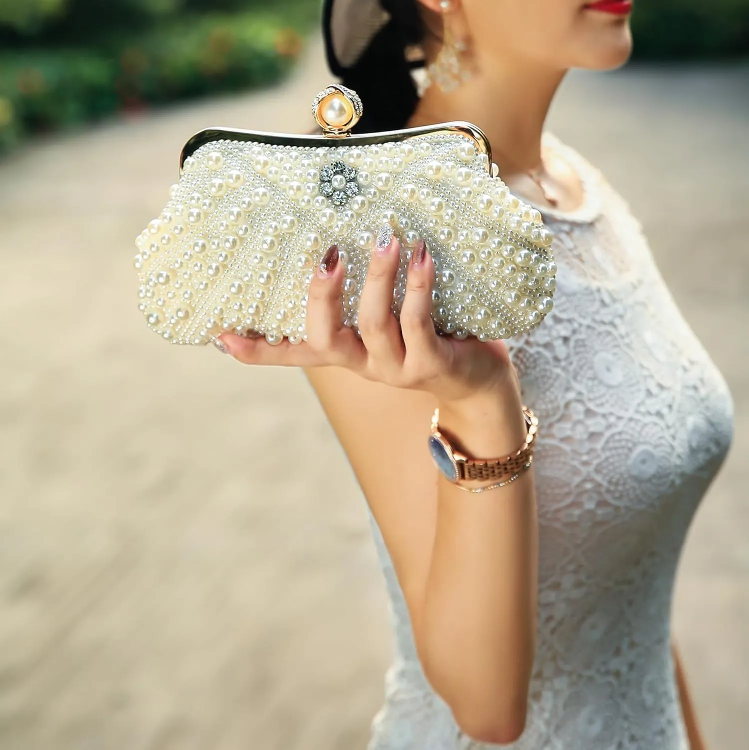 Women's Wedding Purse, Pearl Clutch, Different Length Chain Crossbody Shoulder Bag Handbag for Party Date Formal Occasion