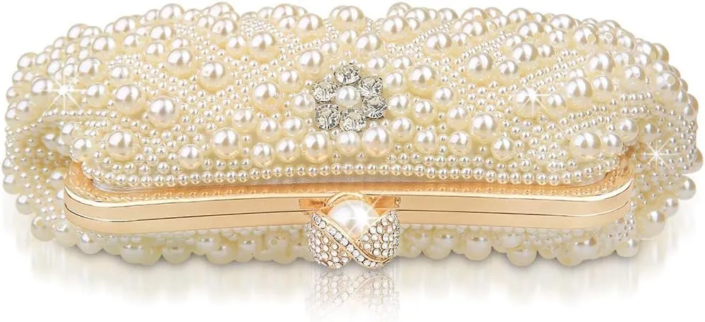 Women's Wedding Purse, Pearl Clutch, Different Length Chain Crossbody Shoulder Bag Handbag for Party Date Formal Occasion