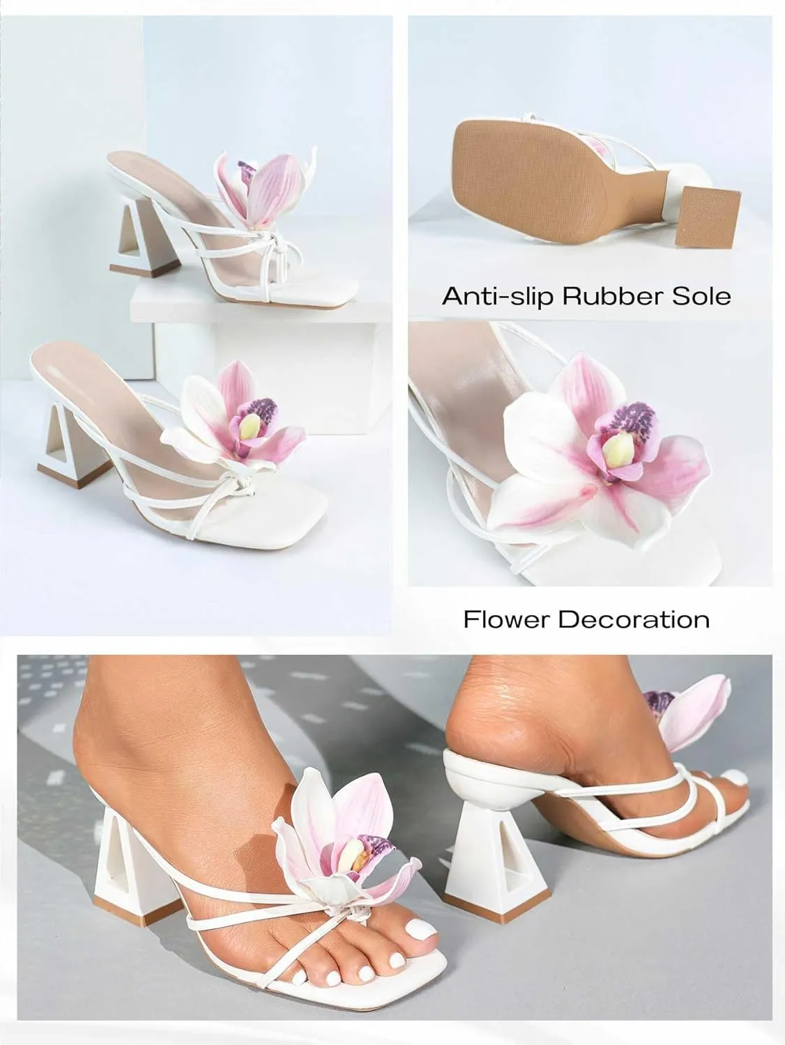 Women's White Strappy Heeled Sandals Square Toe Slides with Sculptural Geometric Block Heel Minimalist Summer Heels for Weddings, Evenings, and Casual Chic Looks