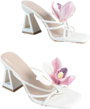 Women's White Strappy Heeled Sandals Square Toe Slides with Sculptural Geometric Block Heel Minimalist Summer Heels for Weddings, Evenings, and Casual Chic Looks