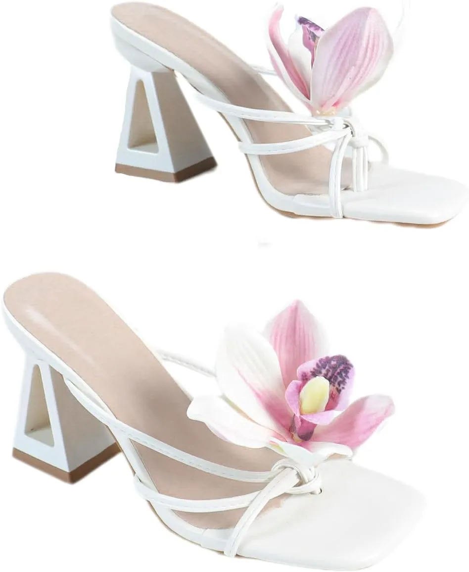 Women's White Strappy Heeled Sandals Square Toe Slides with Sculptural Geometric Block Heel Minimalist Summer Heels for Weddings, Evenings, and Casual Chic Looks