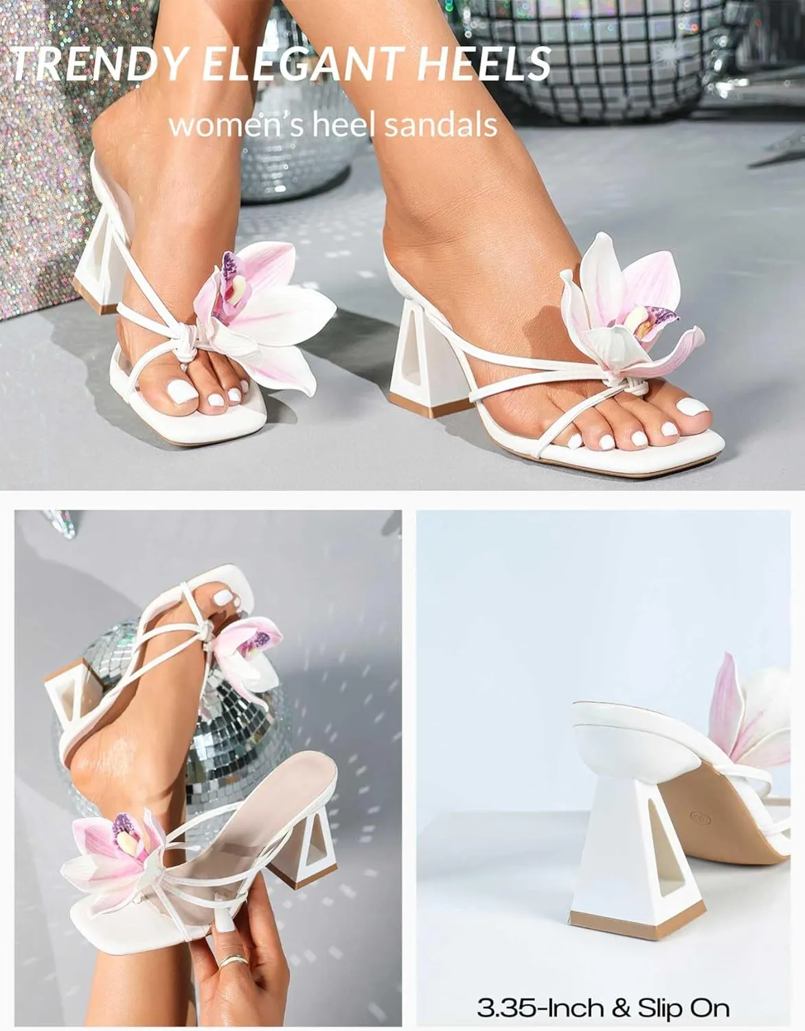 Women's White Strappy Heeled Sandals Square Toe Slides with Sculptural Geometric Block Heel Minimalist Summer Heels for Weddings, Evenings, and Casual Chic Looks
