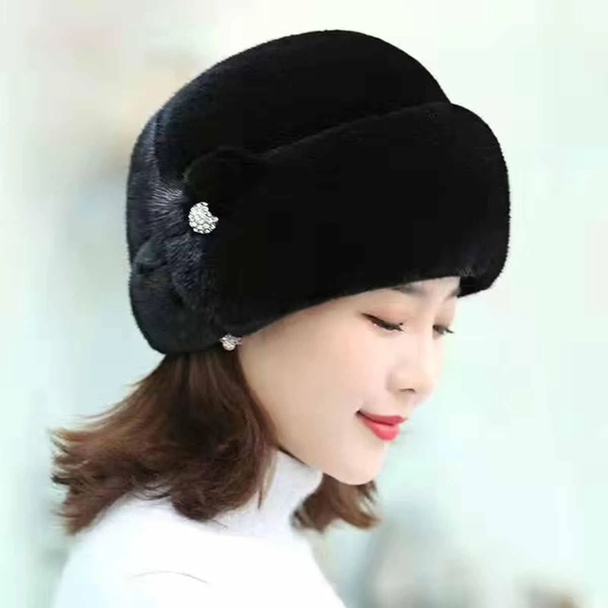 Women?s Winter Furry Hat, Real Waterproof Mink Fur Furry Fluffy Roller Hat,Knitted Beanie Braided Real Hair Warm Basin Hat (Black)