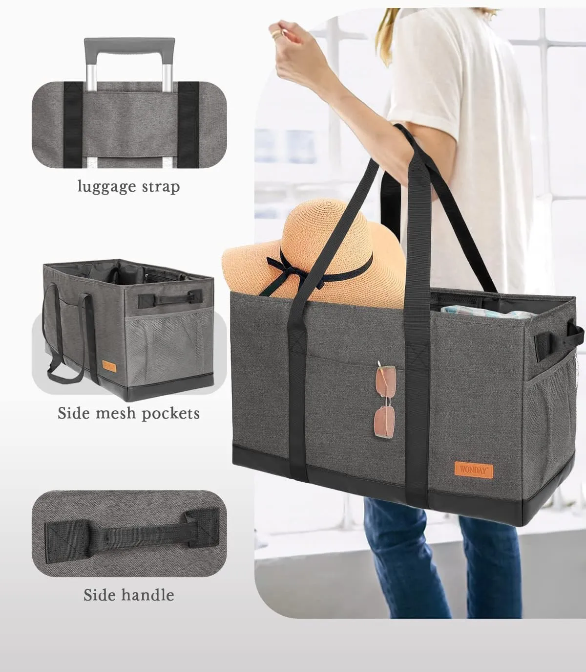 WONDAY Standing Extra Large Reusable Grocery Bag Carrier with Handle, Thirty One Utility Tote Foldable for Shopping and Beach