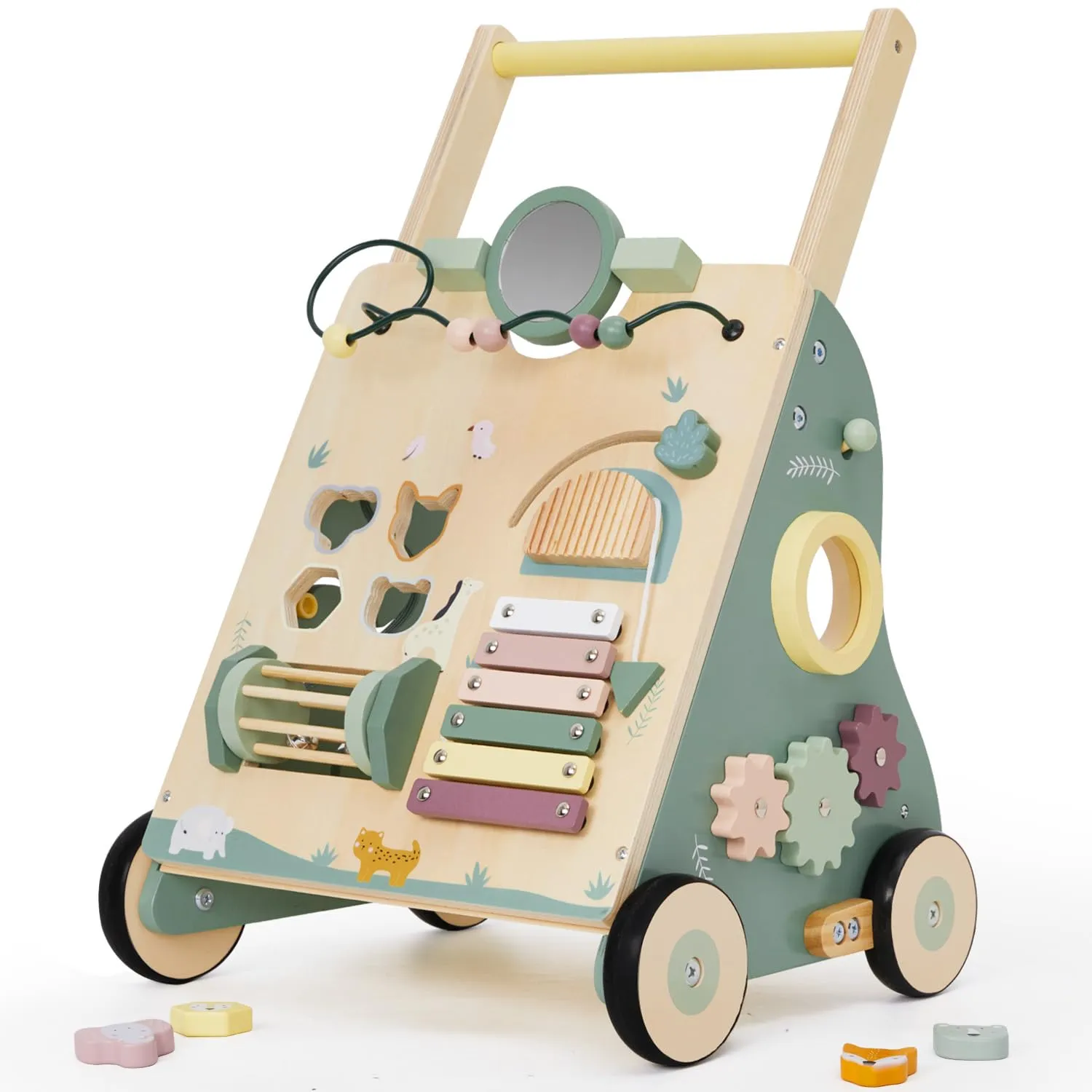 Wooden Baby Walker, Baby Push Walker for Girls and Boys, Montessori Toy, Learning to Walk with Activity Center, Push and Pull Toys with Wheel Adjustable Speed