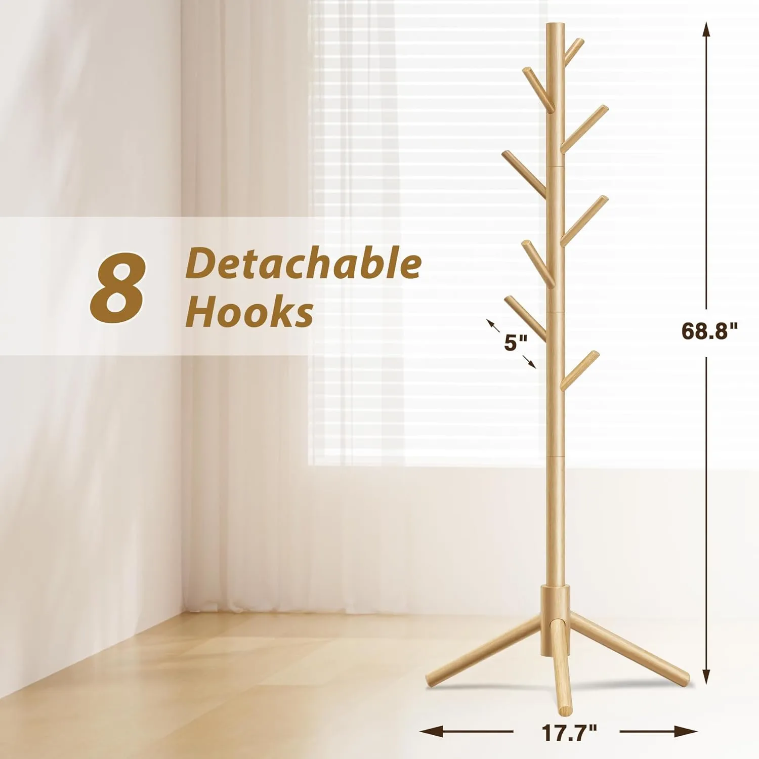 Wooden Coat Rack, Free Standing Coat Rack with 8 Hooks 3 Adjustable Heights for Clothes, Hats, Handbags, Coat Tree Easy Assembly for Entryway, Bedroom, Hallway, Office (New Nature)
