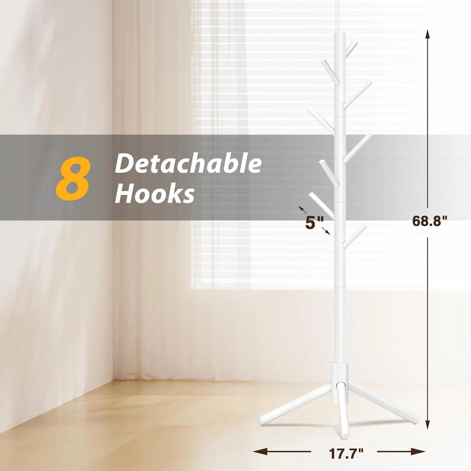 Wooden Coat Rack, Free Standing Coat Rack with 8 Hooks 3 Adjustable Heights for Clothes, Hats, Handbags, Coat Tree Easy Assembly for Entryway, Bedroom, Hallway, Office (New White)