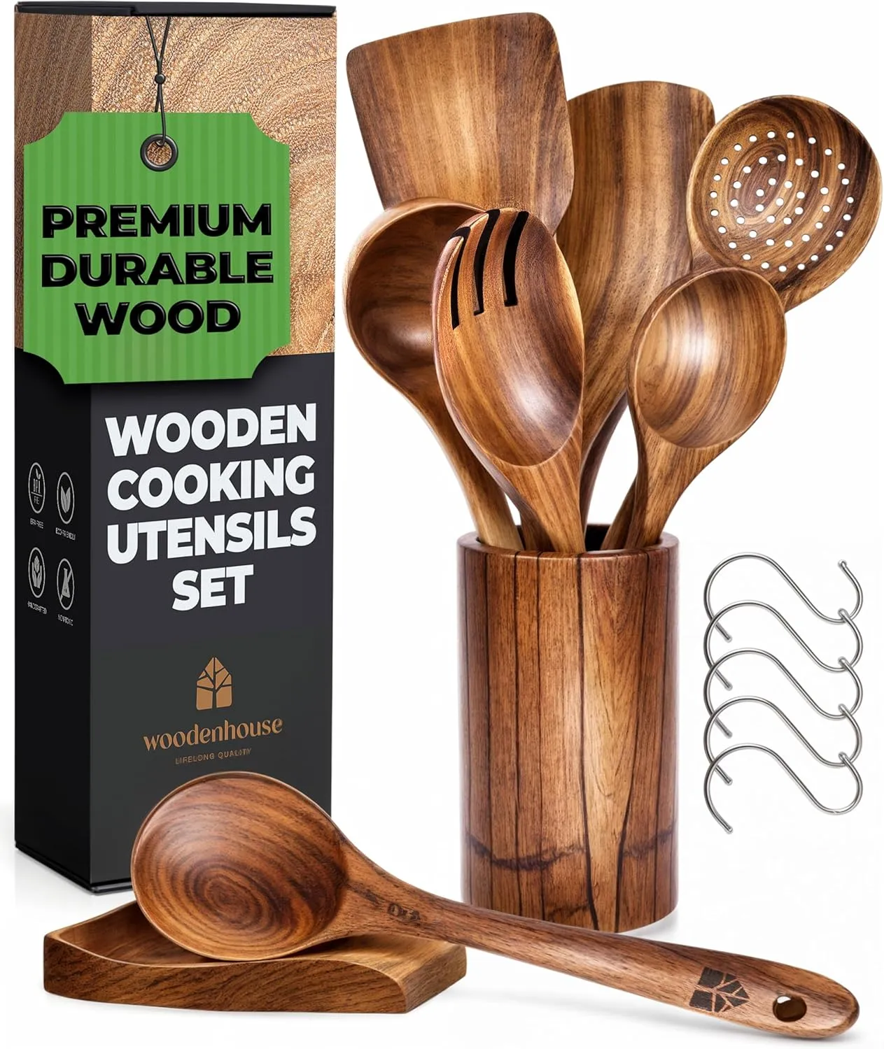 Wooden Spoons for Cooking, Wooden Cooking Utensils Set, Wooden Utensil Set with Holder, Spoon Rest & Hooks, Teak Wood Nonstick Kitchen Cookware – 8-piece set of wooden utensils with 6 metal hooks