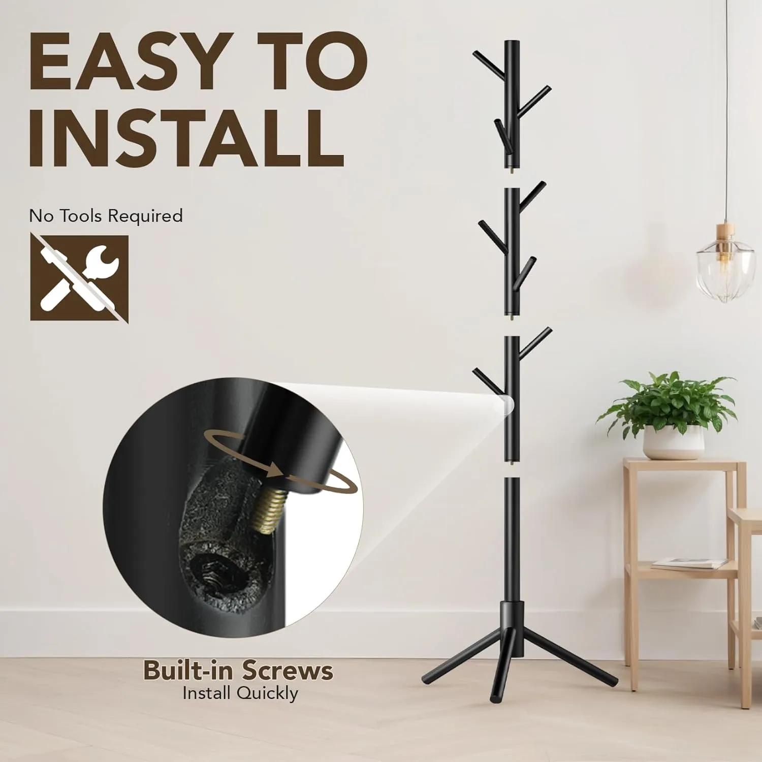 Wooden Tree Coat Rack Stand,Sturdy Freestanding Coat Rack with 8 Hooks,3 Adjustable Height for Child Adult,Wood Coat Stand Tree Fits Entryway Bedroom Office for Bags,Hats, 2 Pack