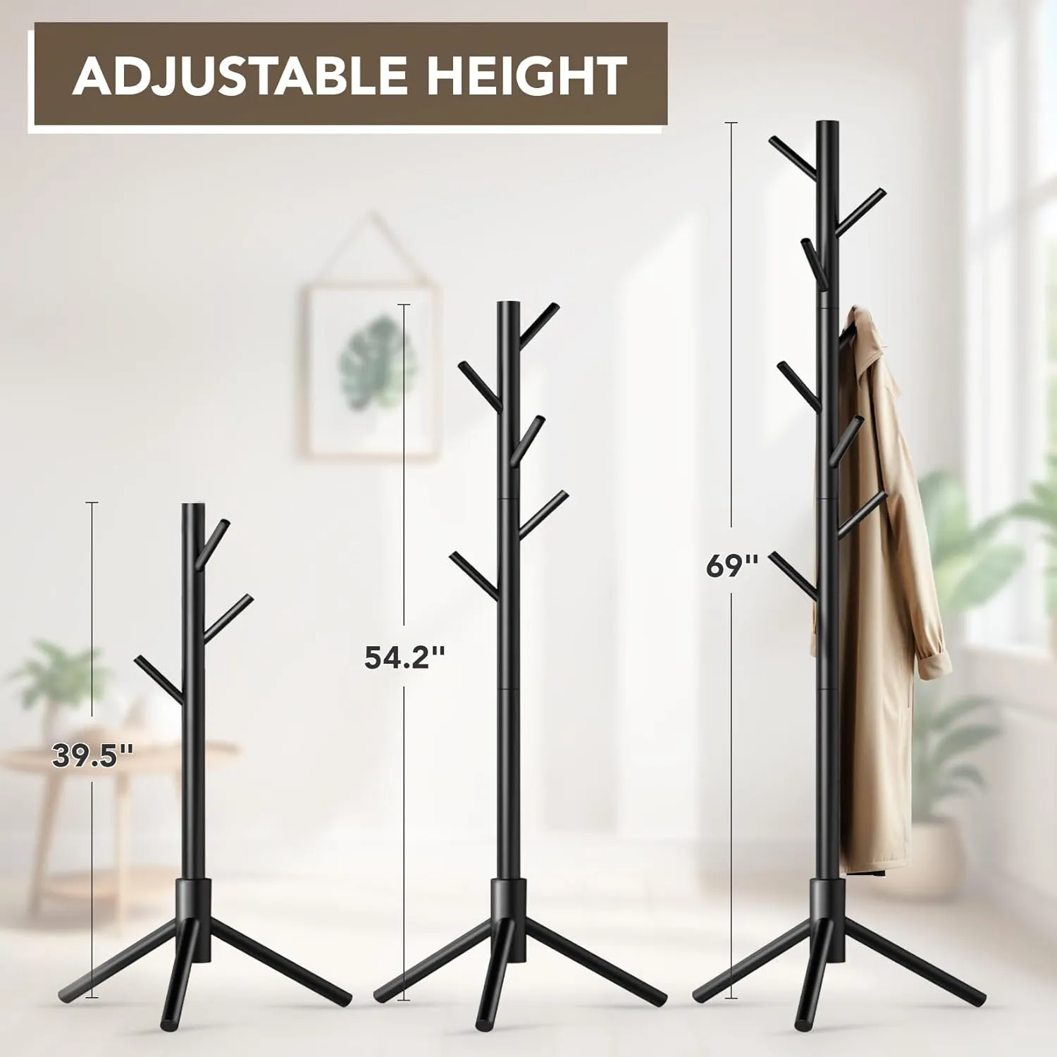 Wooden Tree Coat Rack Stand,Sturdy Freestanding Coat Rack with 8 Hooks,3 Adjustable Height for Child Adult,Wood Coat Stand Tree Fits Entryway Bedroom Office for Bags,Hats, 2 Pack
