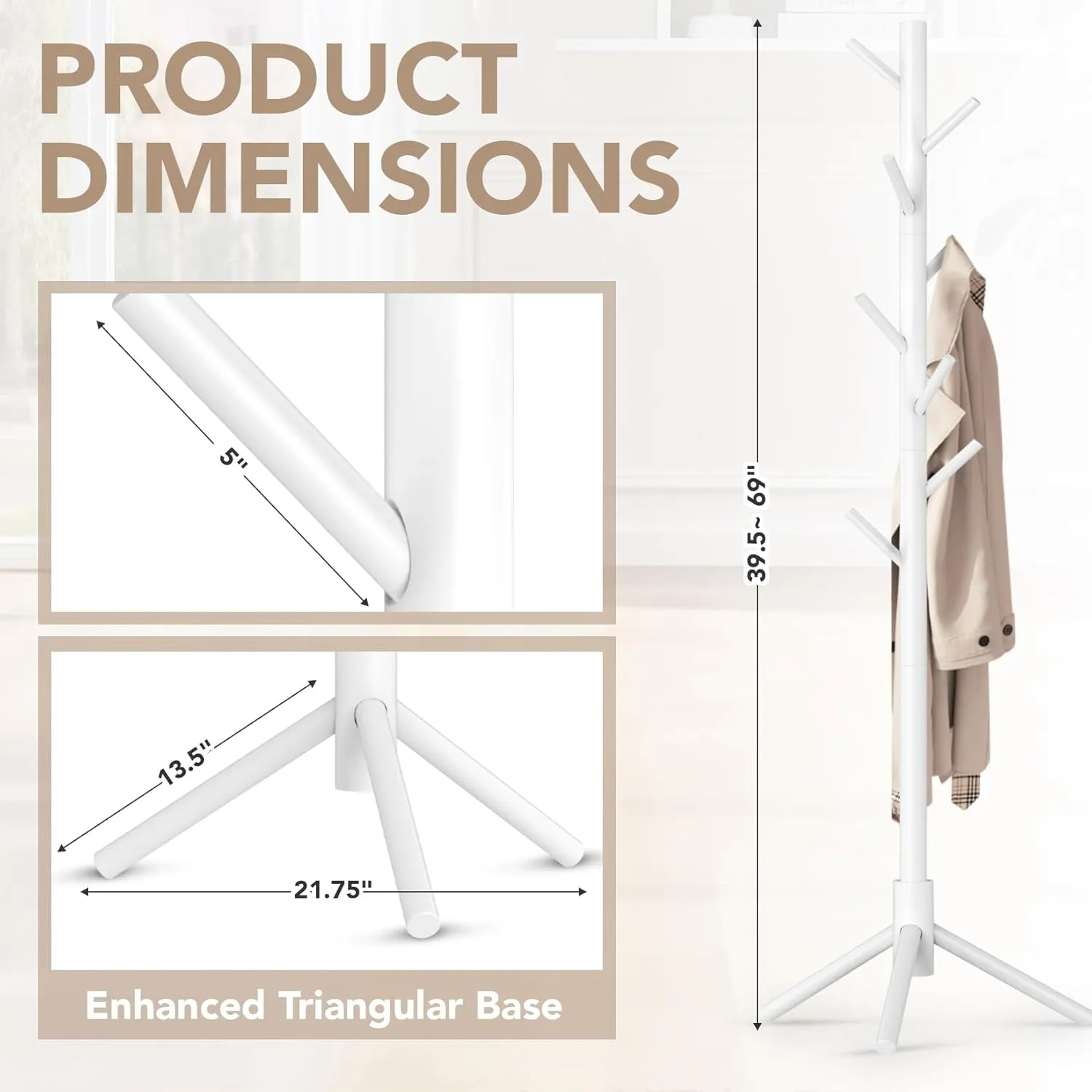 Wooden Tree Coat Rack Stand,Sturdy Freestanding Coat Rack with 8 Hooks,3 Adjustable Height for Child Adult,Wood Coat Stand Tree Fits Entryway Bedroom Office for Bags,Hats, 2 Pack