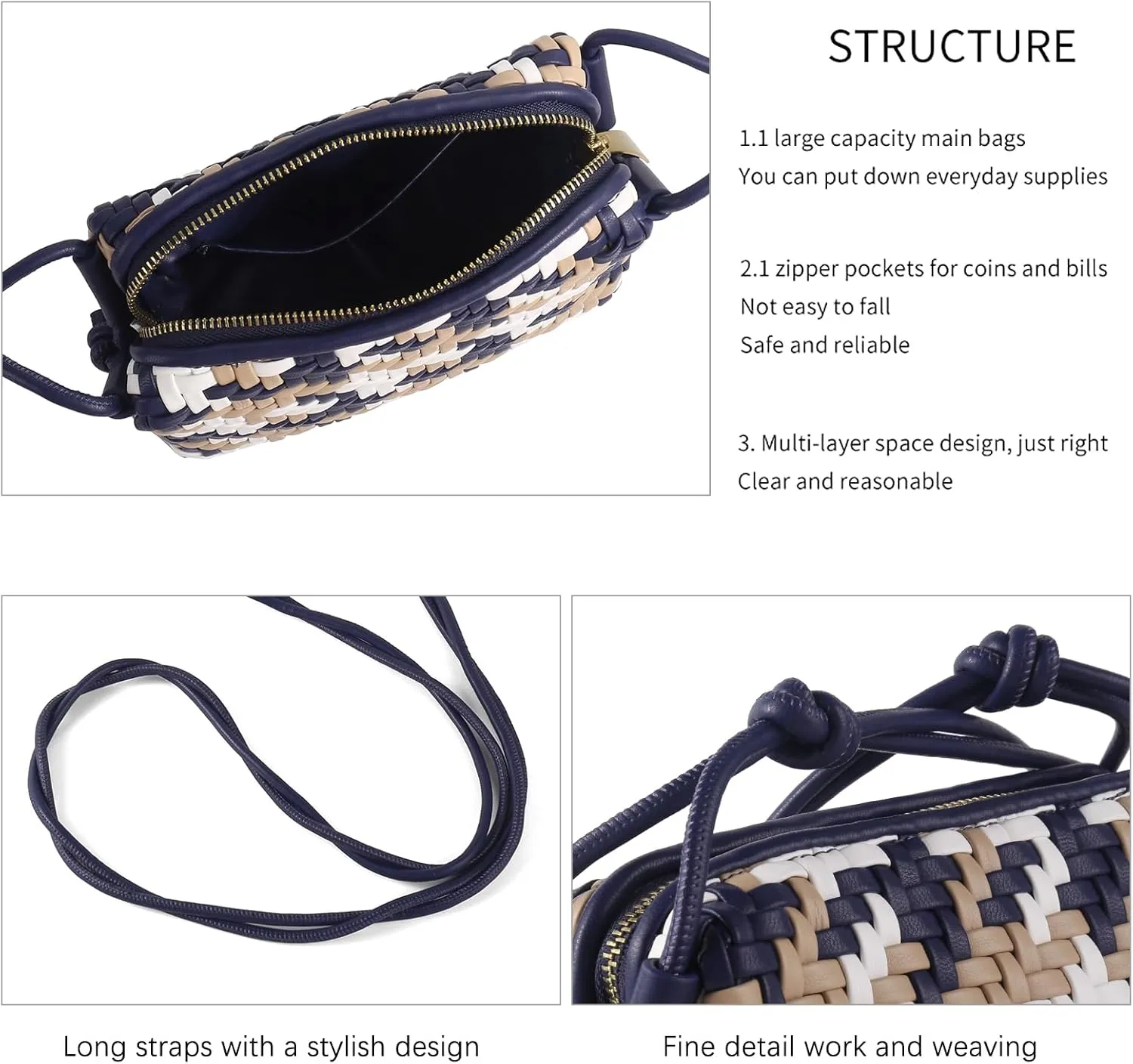 Woven Crossbody Bag Clutch Purse for Women,Small Vegan Leather Handmade Shoulderbag Handbag with Strap,Zipper Closure
