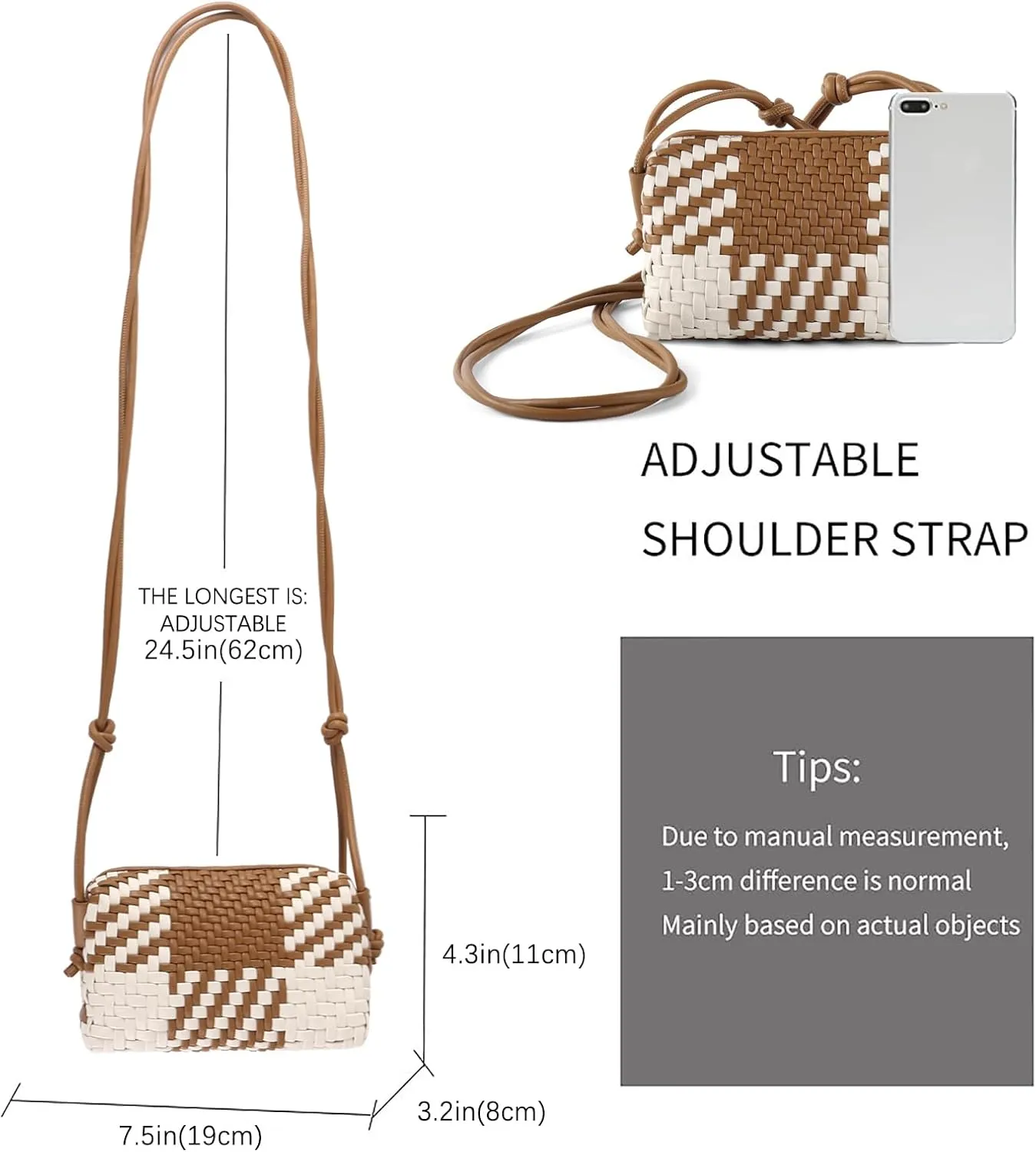 Woven Crossbody Bag Clutch Purse for Women,Small Vegan Leather Handmade Shoulderbag Handbag with Strap,Zipper Closure