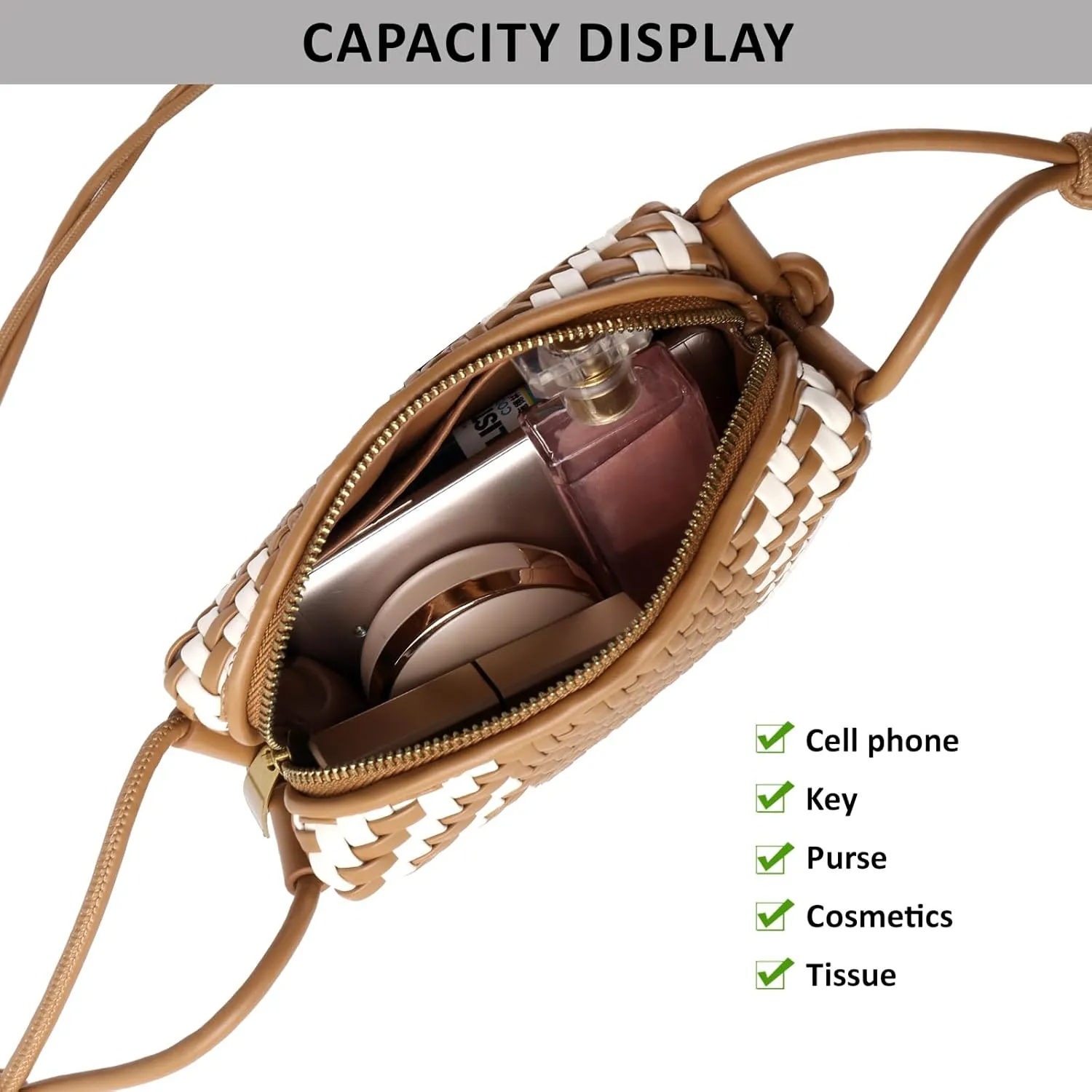 Woven Crossbody Bag Clutch Purse for Women,Small Vegan Leather Handmade Shoulderbag Handbag with Strap,Zipper Closure