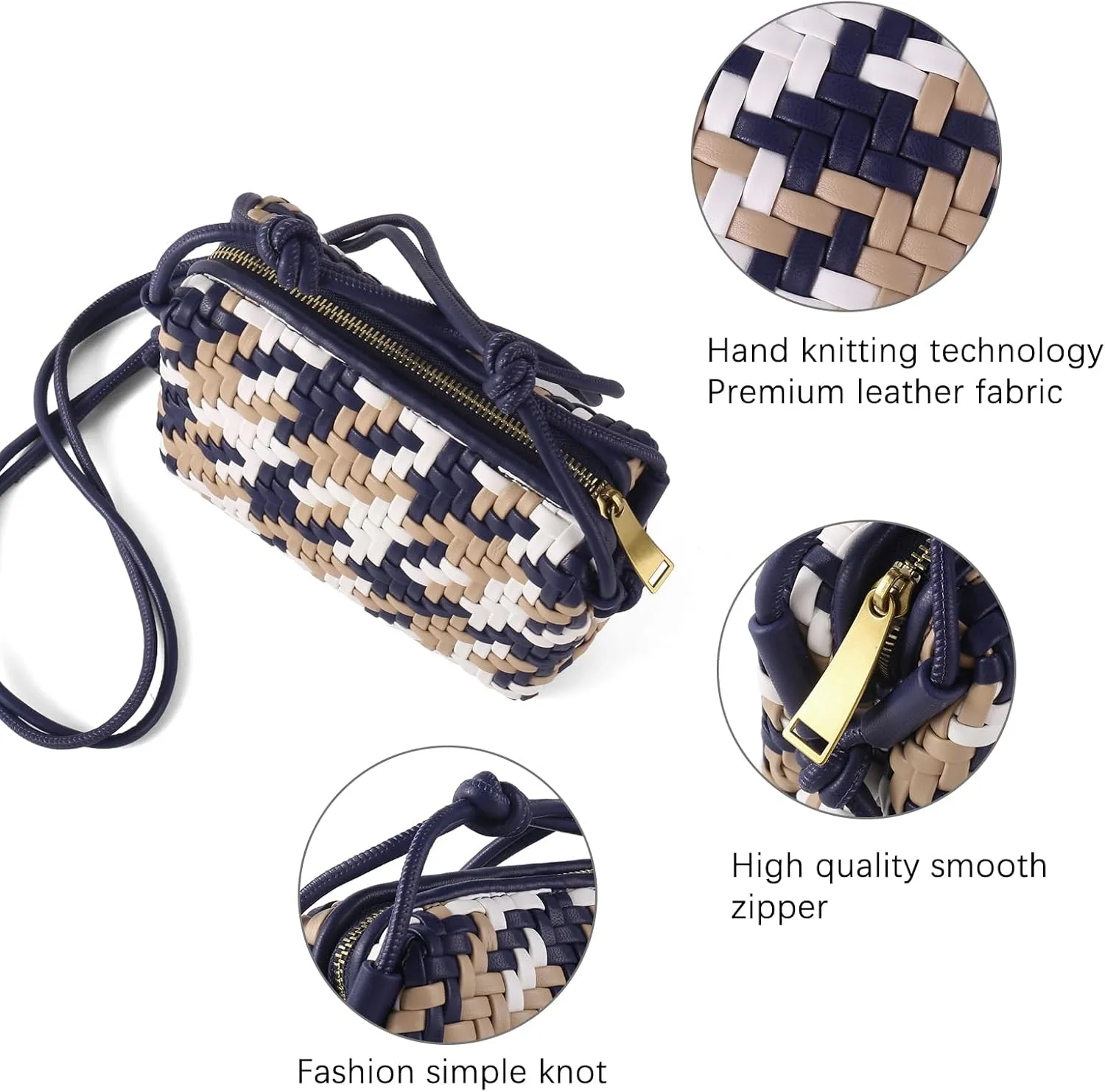 Woven Crossbody Bag Clutch Purse for Women,Small Vegan Leather Handmade Shoulderbag Handbag with Strap,Zipper Closure