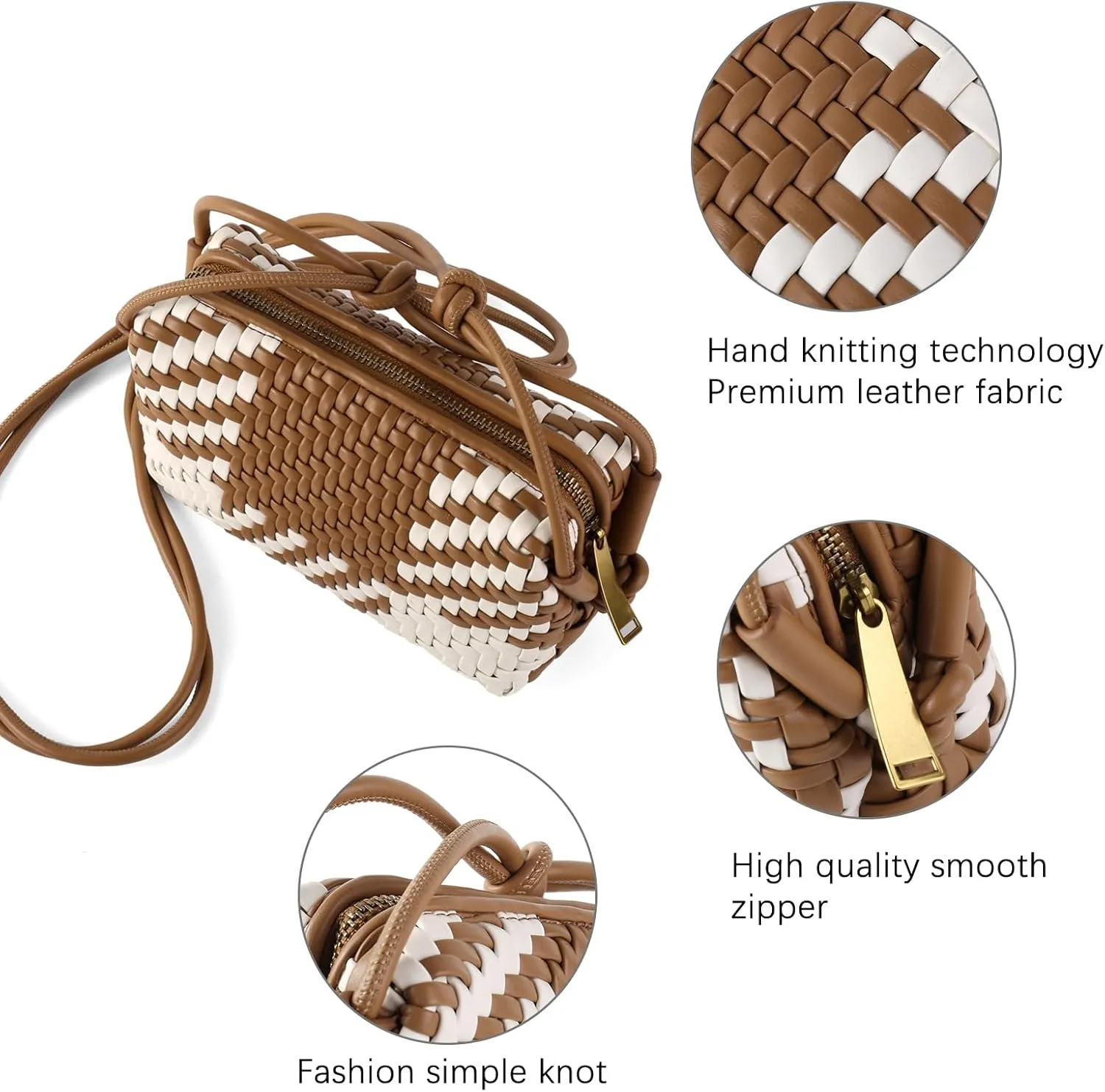 Woven Crossbody Bag Clutch Purse for Women,Small Vegan Leather Handmade Shoulderbag Handbag with Strap,Zipper Closure