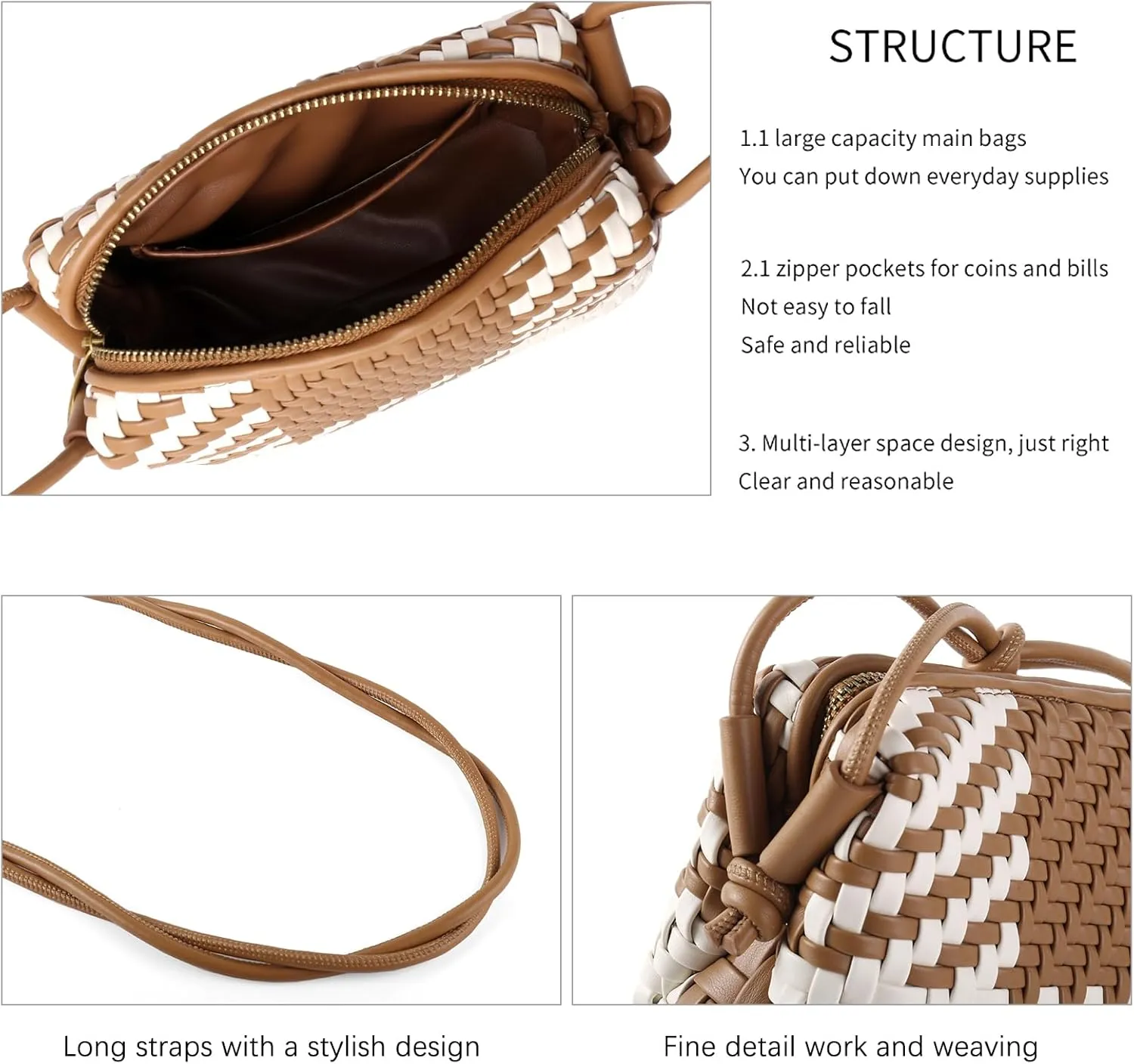 Woven Crossbody Bag Clutch Purse for Women,Small Vegan Leather Handmade Shoulderbag Handbag with Strap,Zipper Closure