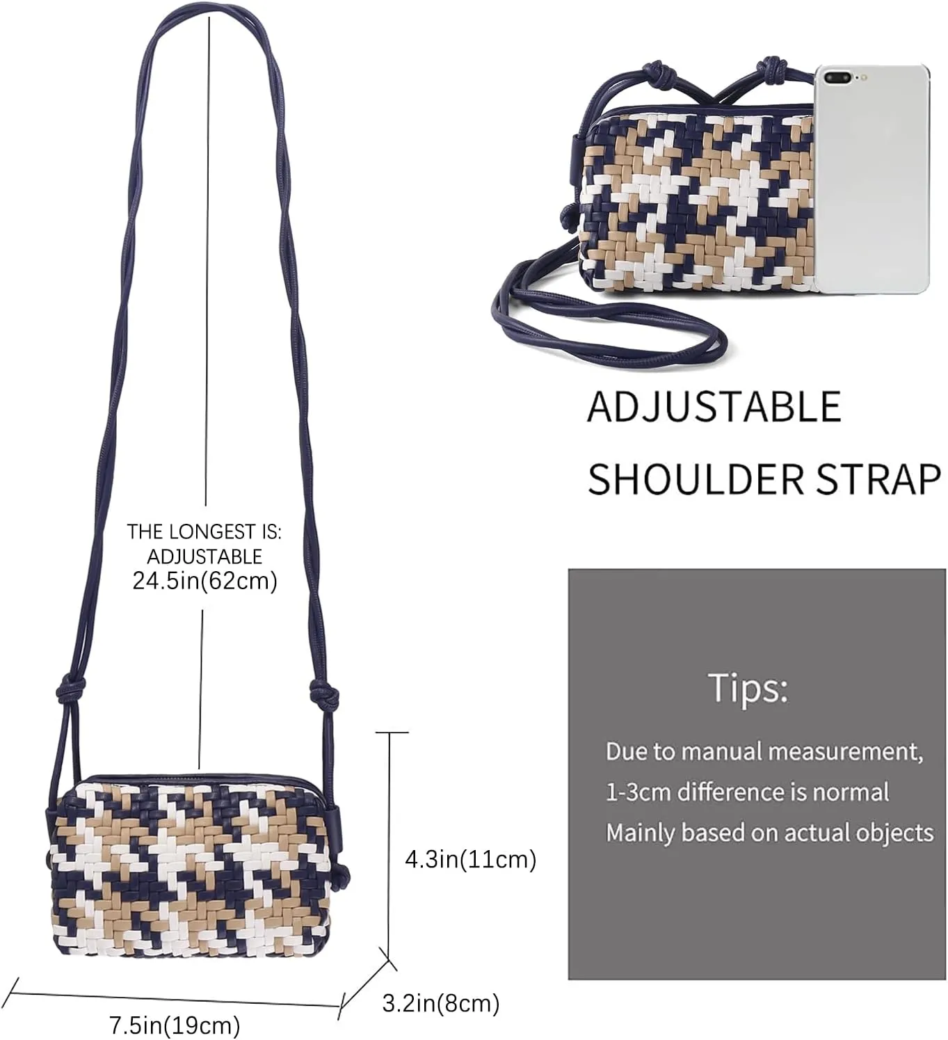 Woven Crossbody Bag Clutch Purse for Women,Small Vegan Leather Handmade Shoulderbag Handbag with Strap,Zipper Closure