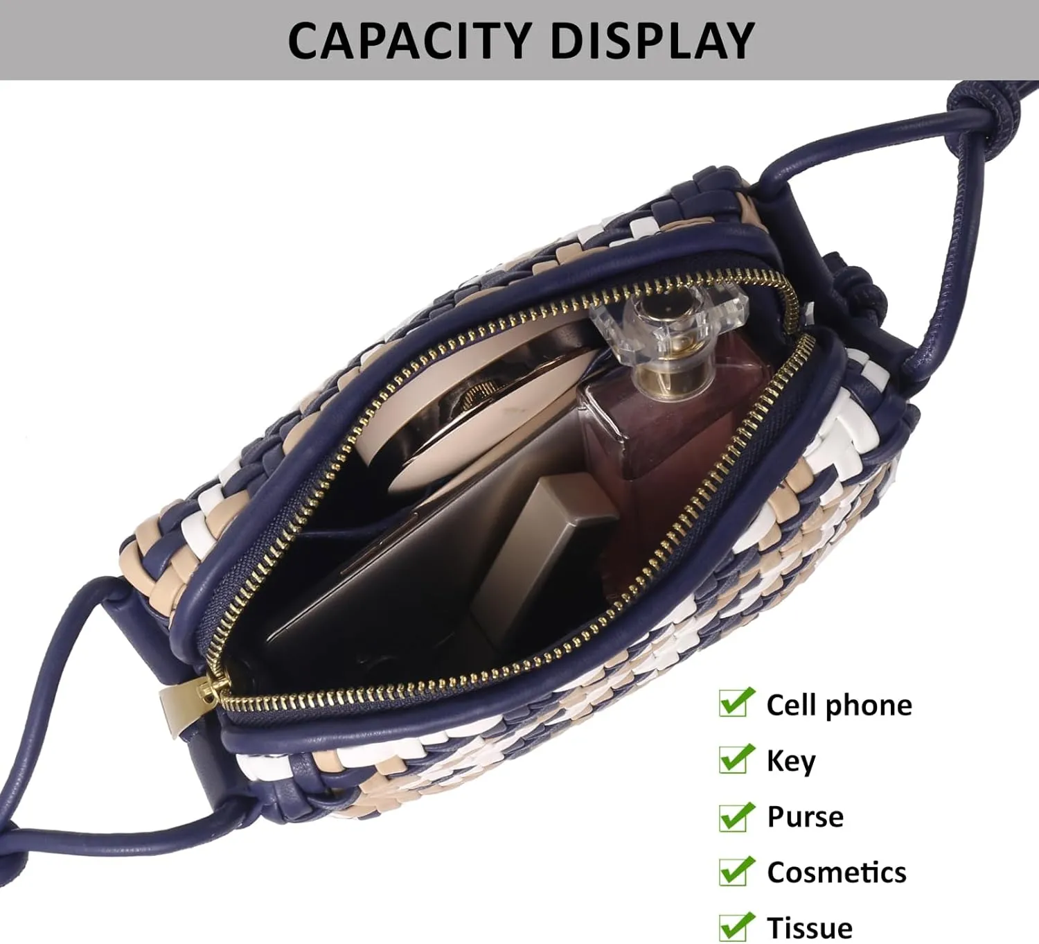 Woven Crossbody Bag Clutch Purse for Women,Small Vegan Leather Handmade Shoulderbag Handbag with Strap,Zipper Closure