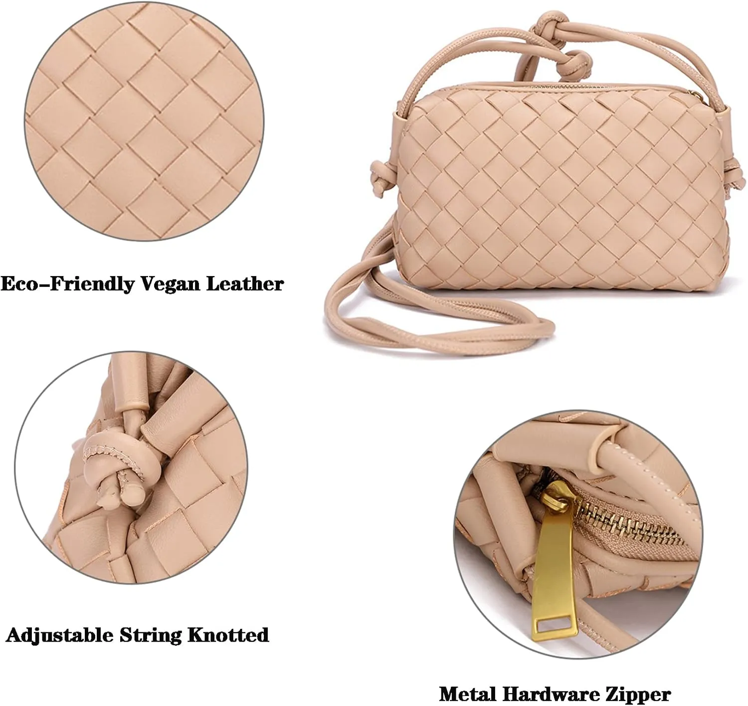 Woven Crossbody Bags For Women, Small Handmade Purse Clutch Shoulderbag Handbag, Zipper Closure