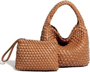 Woven Satchel Handbags for Women Vegan Leather Handwoven Shoulder Bag with Small Handmade Purse Large Travel Braided Summer Top Handle Handbags