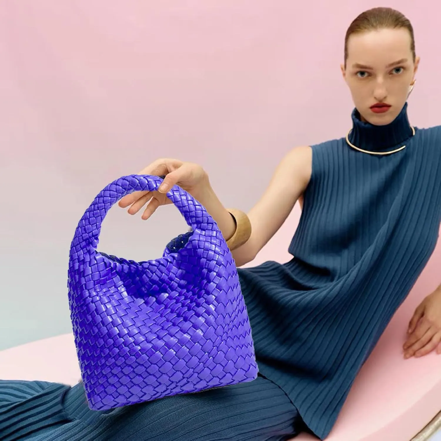 Woven Tote Bag For Women, Soft Foldable Top-Handle Wristlet Bag, Fashion Hobo Handbag, Composite Bag with Coin Purse