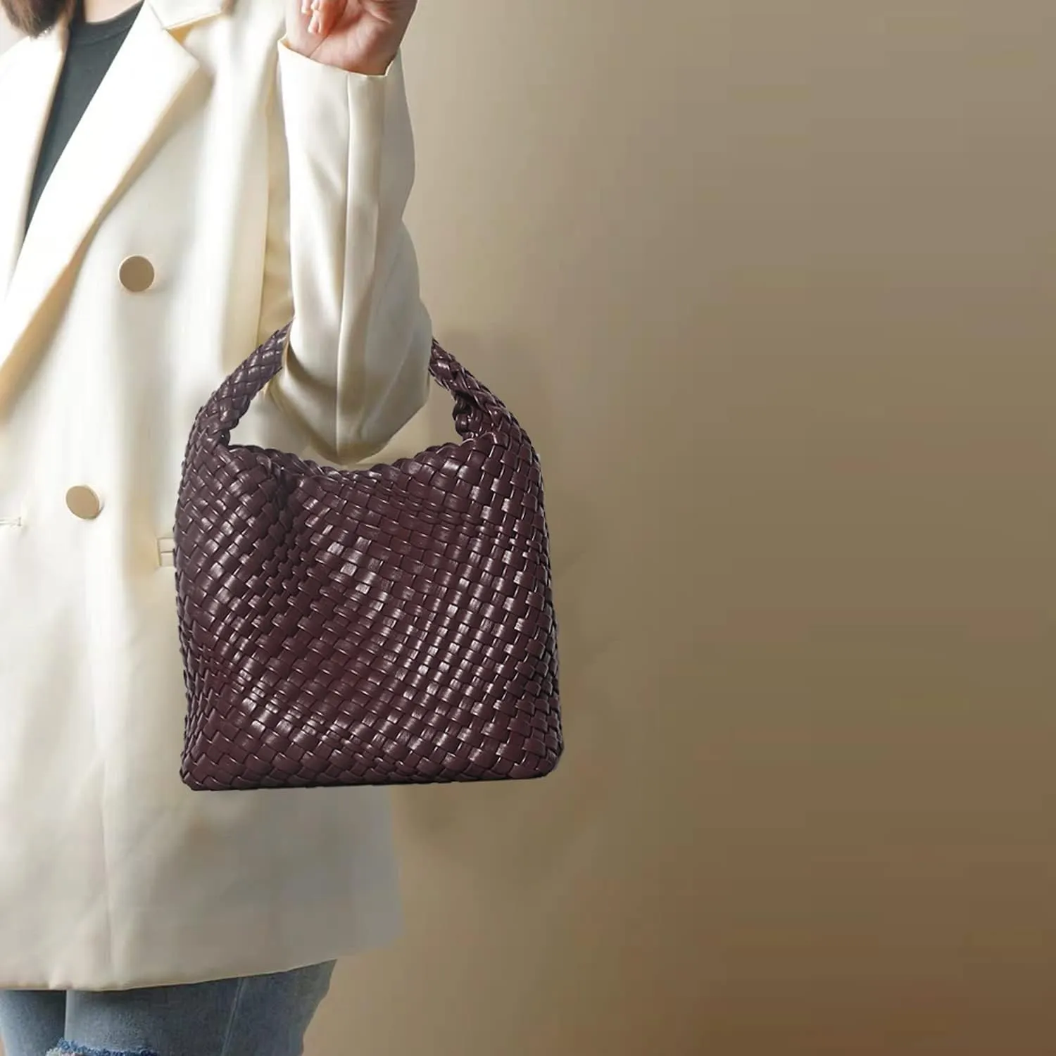 Woven Tote Bag For Women, Soft Foldable Top-Handle Wristlet Bag, Fashion Hobo Handbag, Composite Bag with Coin Purse