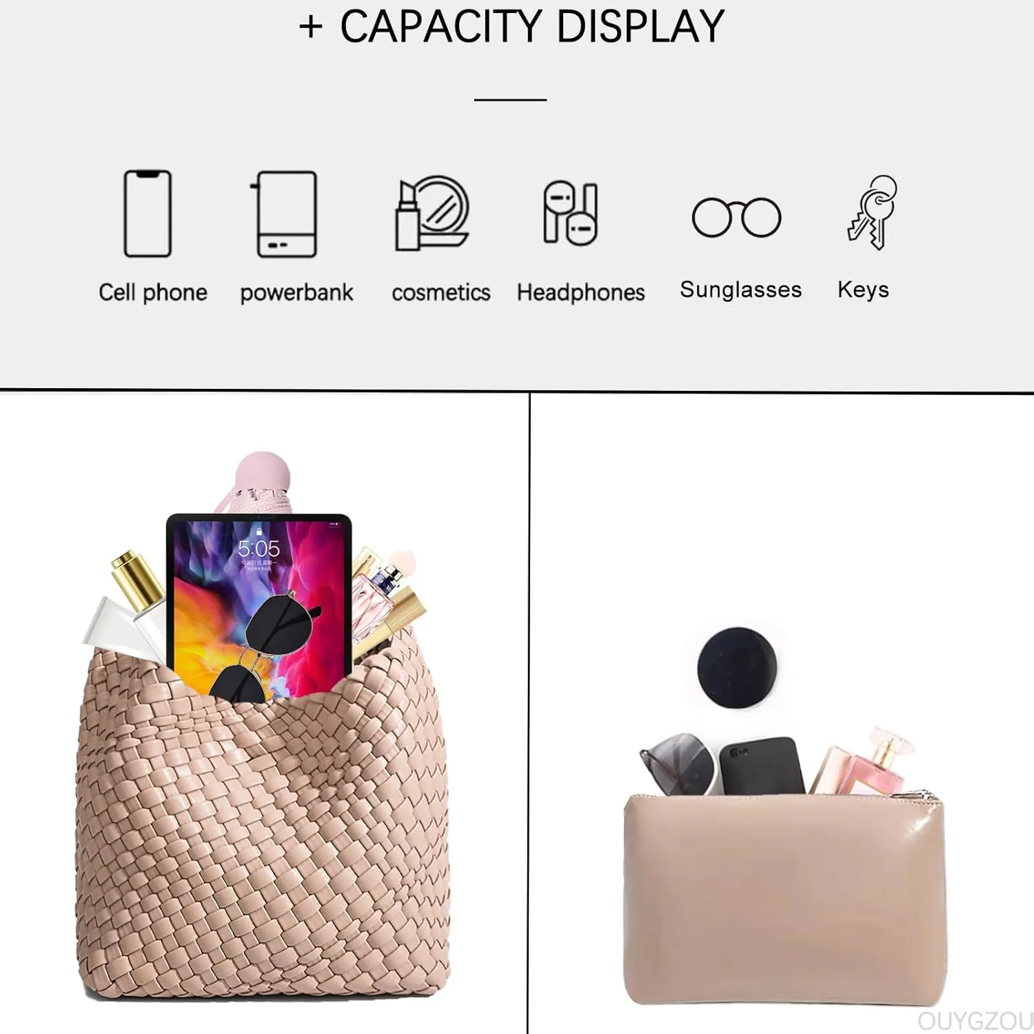 Woven Tote Bag For Women, Soft Foldable Top-Handle Wristlet Bag, Fashion Hobo Handbag, Composite Bag with Coin Purse