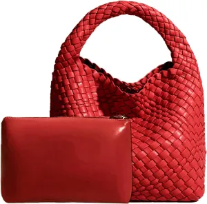 Woven Tote Bag For Women, Soft Foldable Top-Handle Wristlet Bag, Fashion Hobo Handbag, Composite Bag with Coin Purse