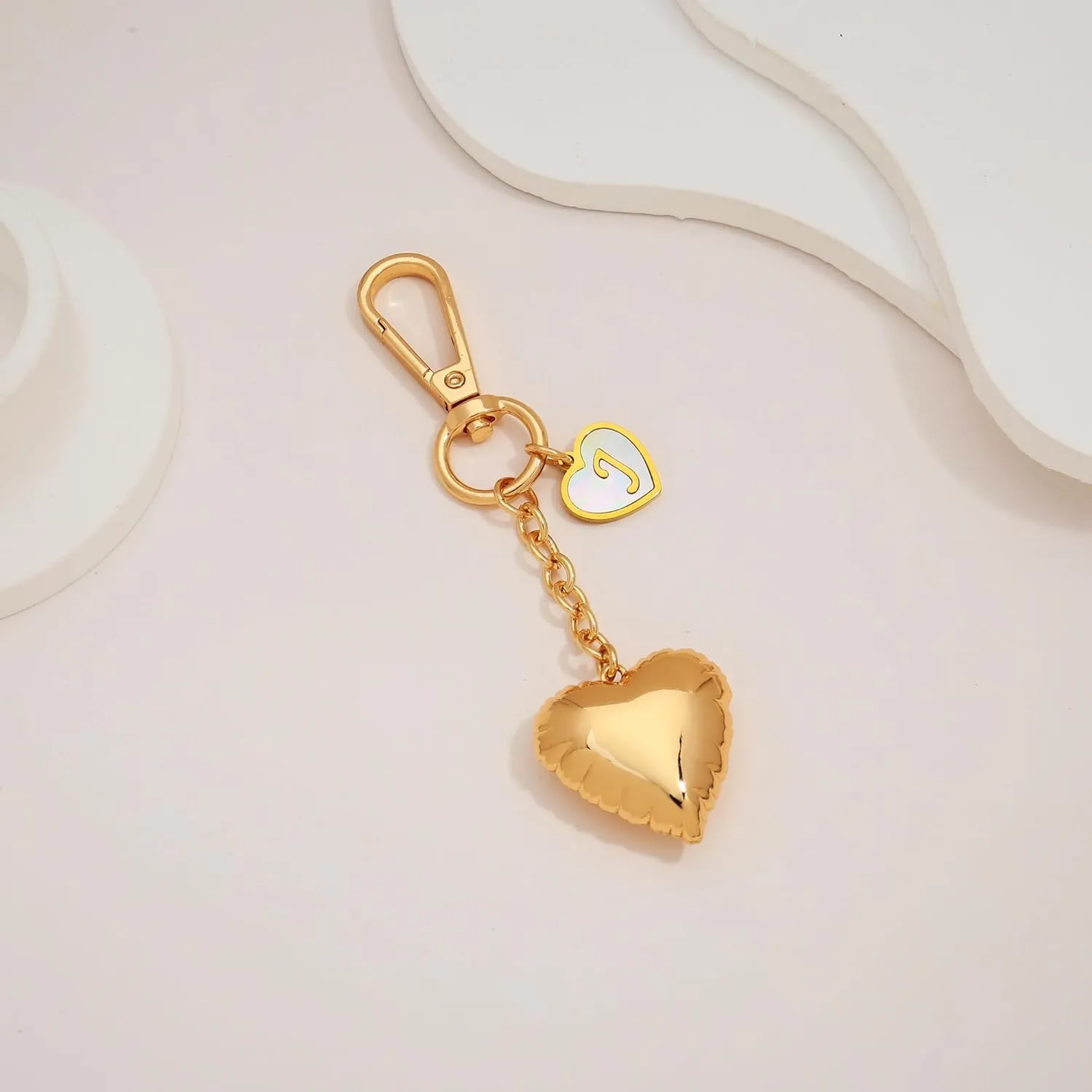 WOWORAMA Gold Heart Charm Keychain for Women Gold Initial Letter Bag Charm Chunky Puffy Heart Purse Charms Keyring