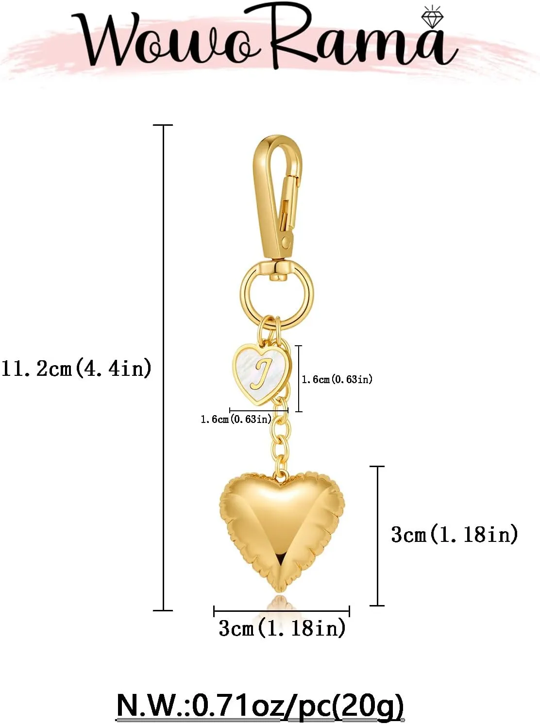 WOWORAMA Gold Heart Charm Keychain for Women Gold Initial Letter Bag Charm Chunky Puffy Heart Purse Charms Keyring