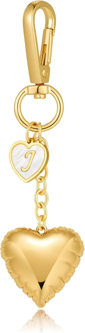 WOWORAMA Gold Heart Charm Keychain for Women Gold Initial Letter Bag Charm Chunky Puffy Heart Purse Charms Keyring