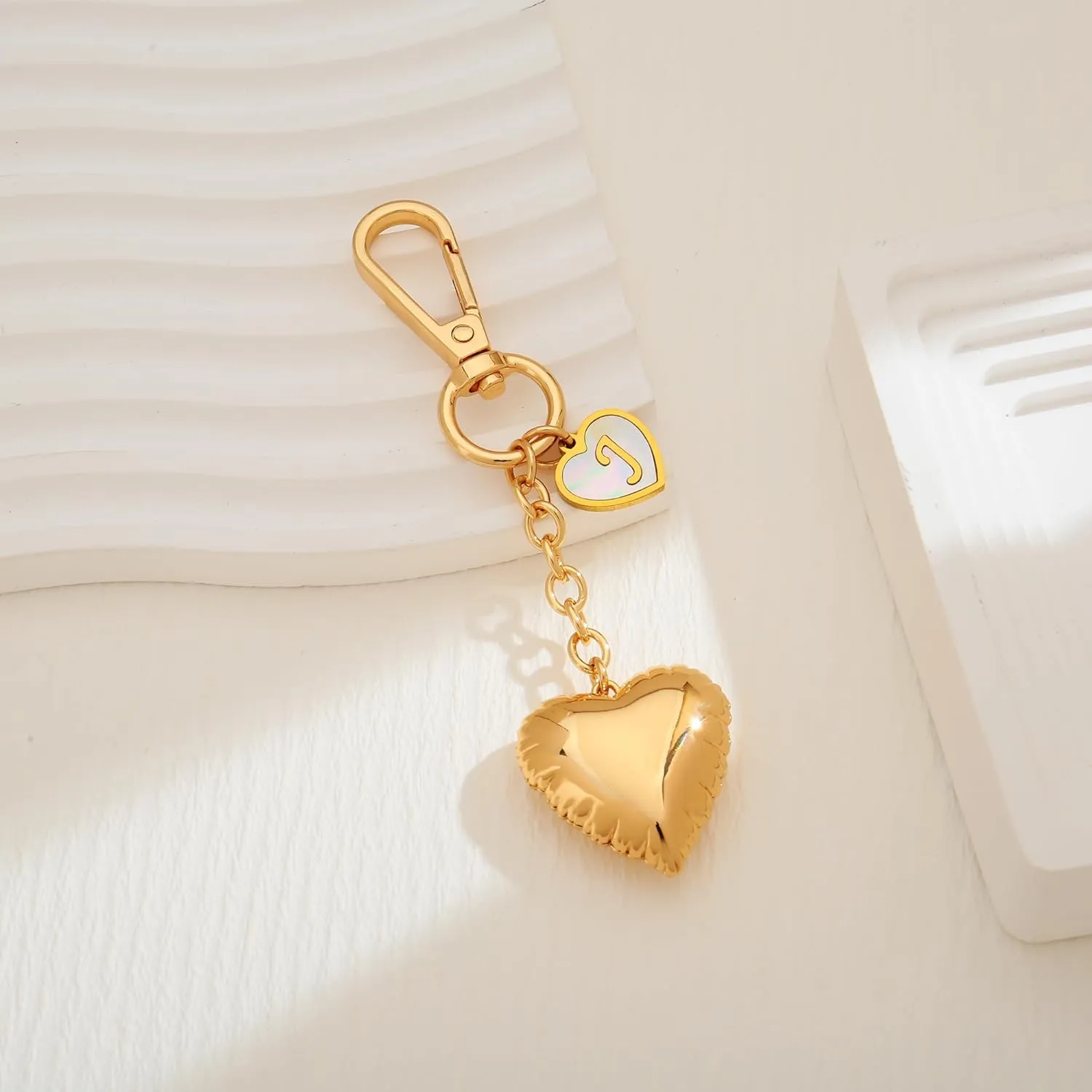 WOWORAMA Gold Heart Charm Keychain for Women Gold Initial Letter Bag Charm Chunky Puffy Heart Purse Charms Keyring