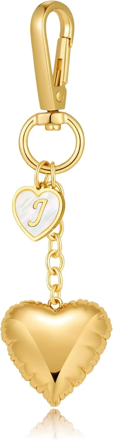 WOWORAMA Gold Heart Charm Keychain for Women Gold Initial Letter Bag Charm Chunky Puffy Heart Purse Charms Keyring