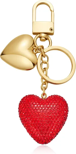 WOWORAMA Heart Bag Charm for Women Puffy Heart Keychain Sparkly Rhinestone Red Heart Purse Charm Handbags Car Keychain Accessories