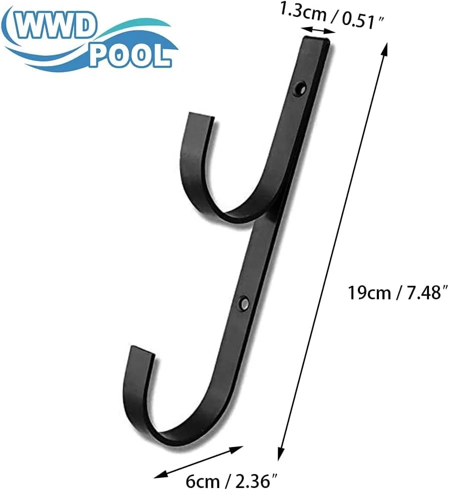 WWD POOL Swimming Pool Aluminum Pole Hanger Set, Black, 2-Pack (4 Hooks), for Telescoping Poles, Leaf Rakes, Skimmers, Nets, Brushes, Vacuum Hoses (2 Pair [ Black ])