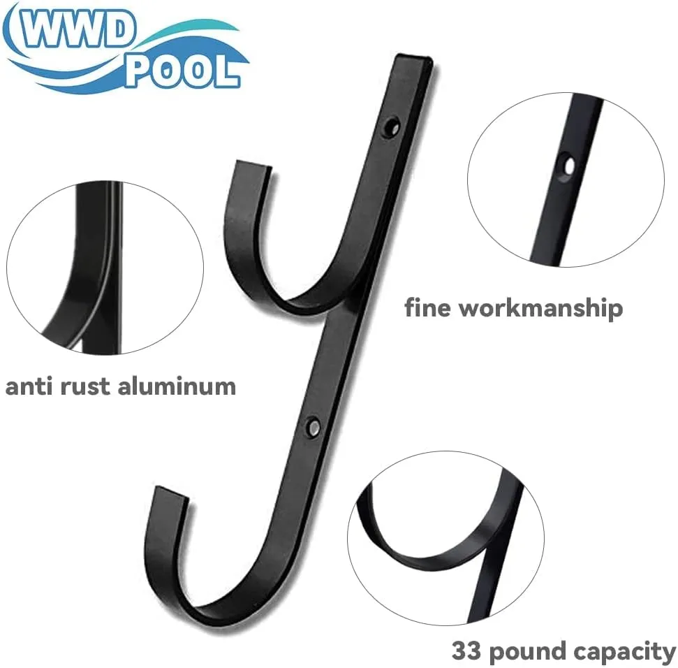 WWD POOL Swimming Pool Aluminum Pole Hanger Set, Black, 2-Pack (4 Hooks), for Telescoping Poles, Leaf Rakes, Skimmers, Nets, Brushes, Vacuum Hoses (2 Pair [ Black ])