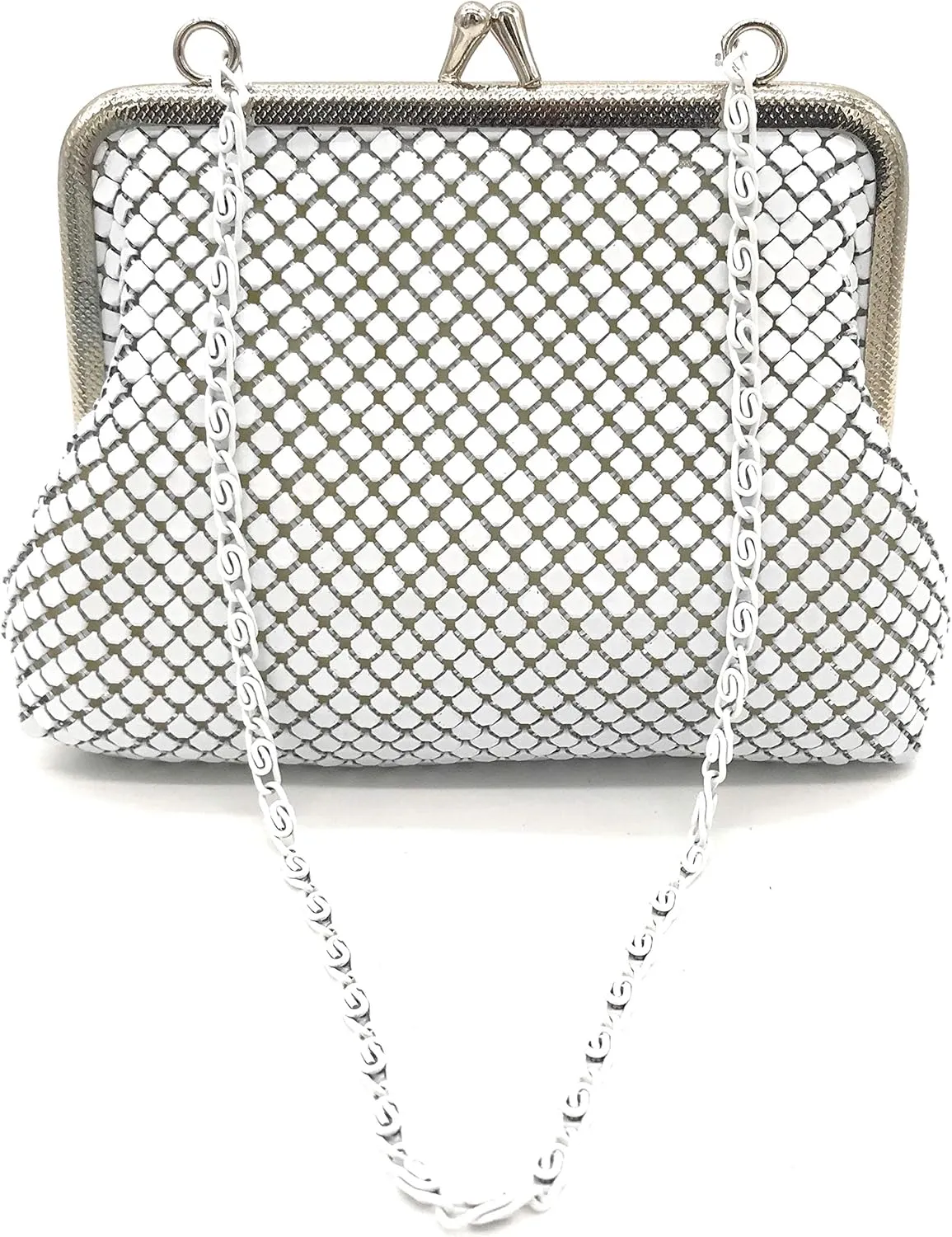 X-Small Women clutch metal mesh purse Hand carry chain for Cocktail Party Prom Wedding Banquet (White)