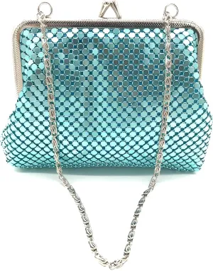 X-Small Women clutch metal mesh purse Hand strap carry for Cocktail Party Prom Wedding Banquet (Blue)